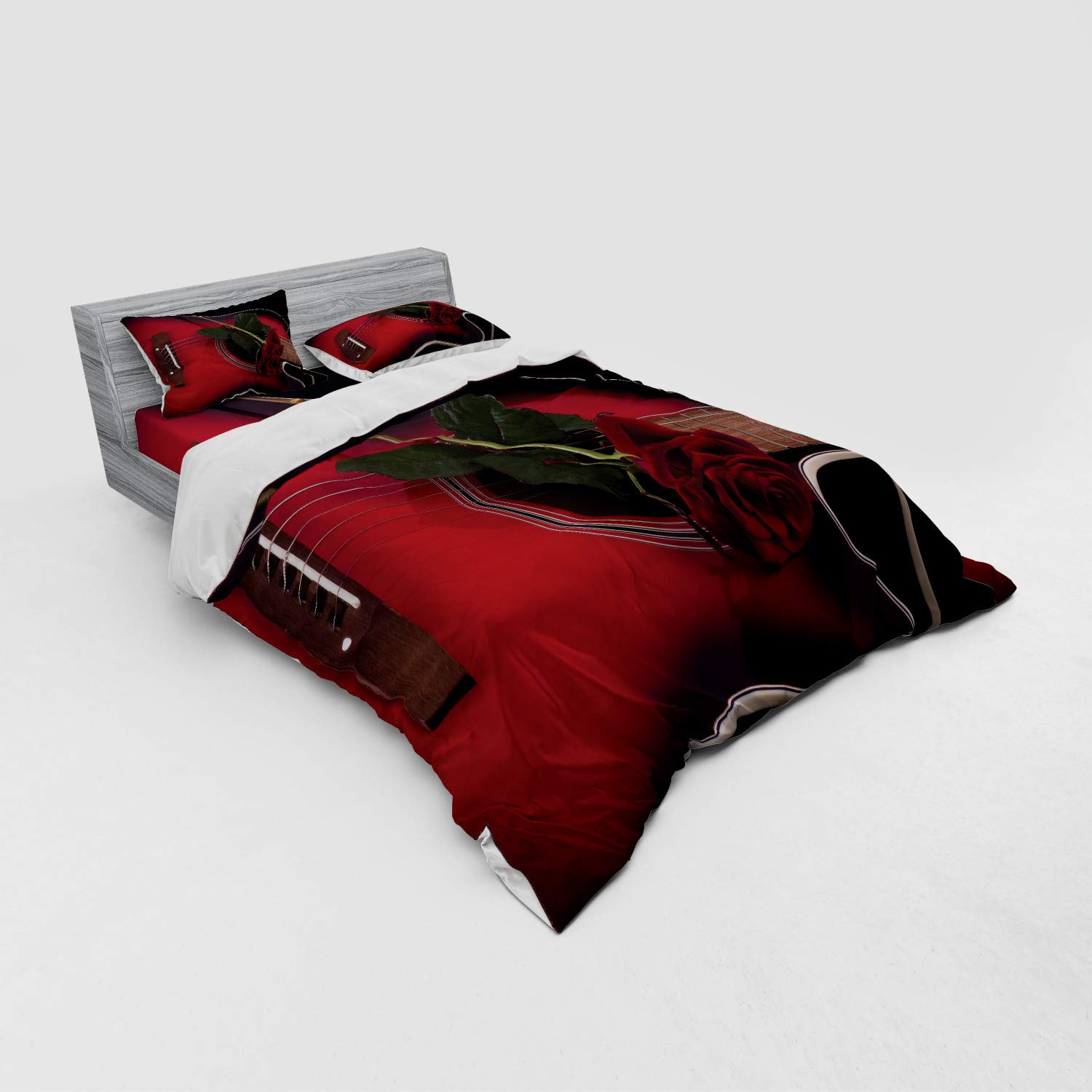 Ambesonne Red and Black Duvet Cover Set - Spanish Musician Portugal Handmade Guitar with Romance Theme & Love Roses - 4 Piece Queen Size Bedding Set with Shams & Fitted Sheet in Ruby & White - Perfect for Romantic Bedroom Decor, Guest Room or Music Lover's Home