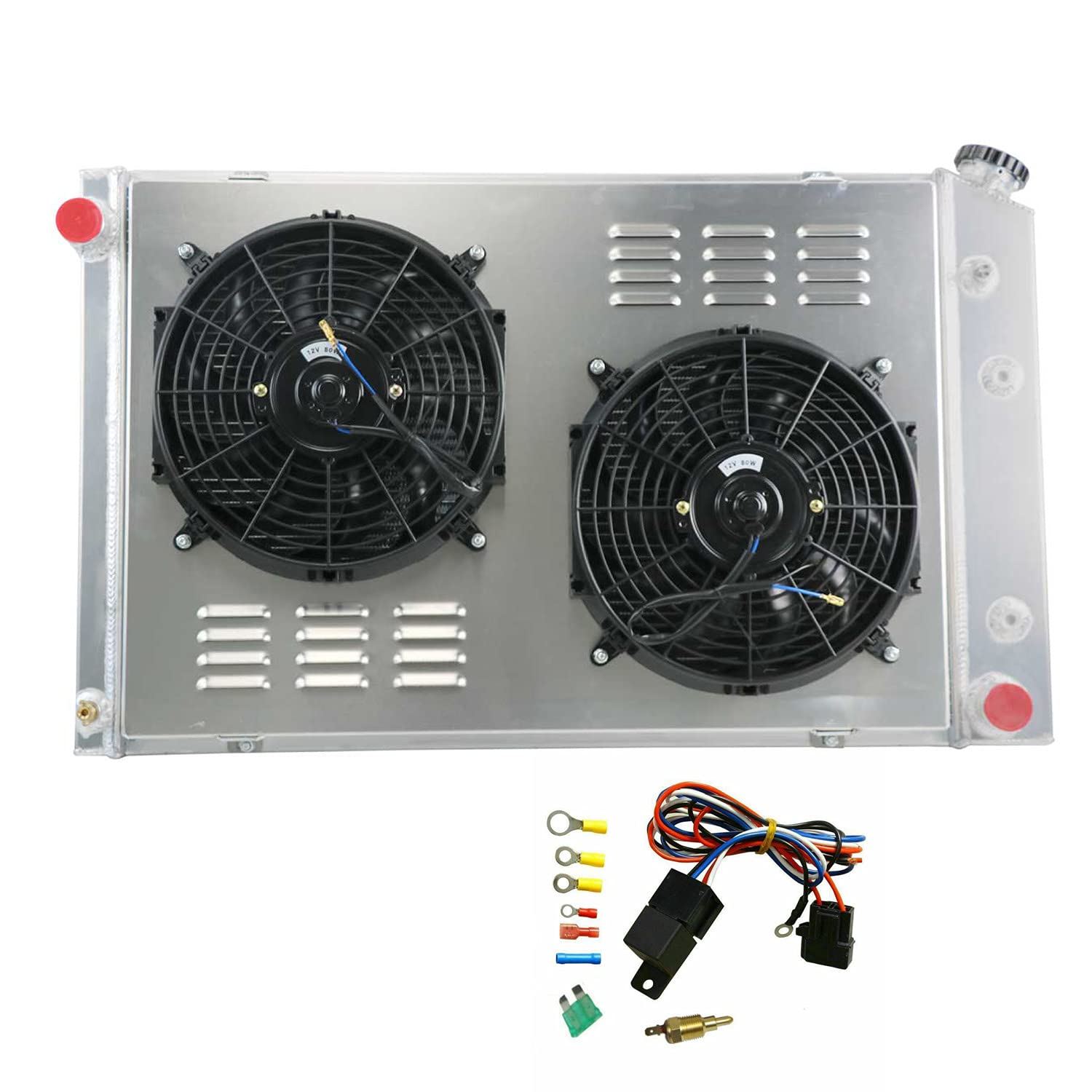 1981-1991 Chevy GMC CK C10 C20 C30 C1500 C2500 C3500 3-Row Aluminum Radiator with Shroud, Fans & Relay Wiring Kit - Heavy Duty Cooling Upgrade for Trucks, Off-Road & Towing