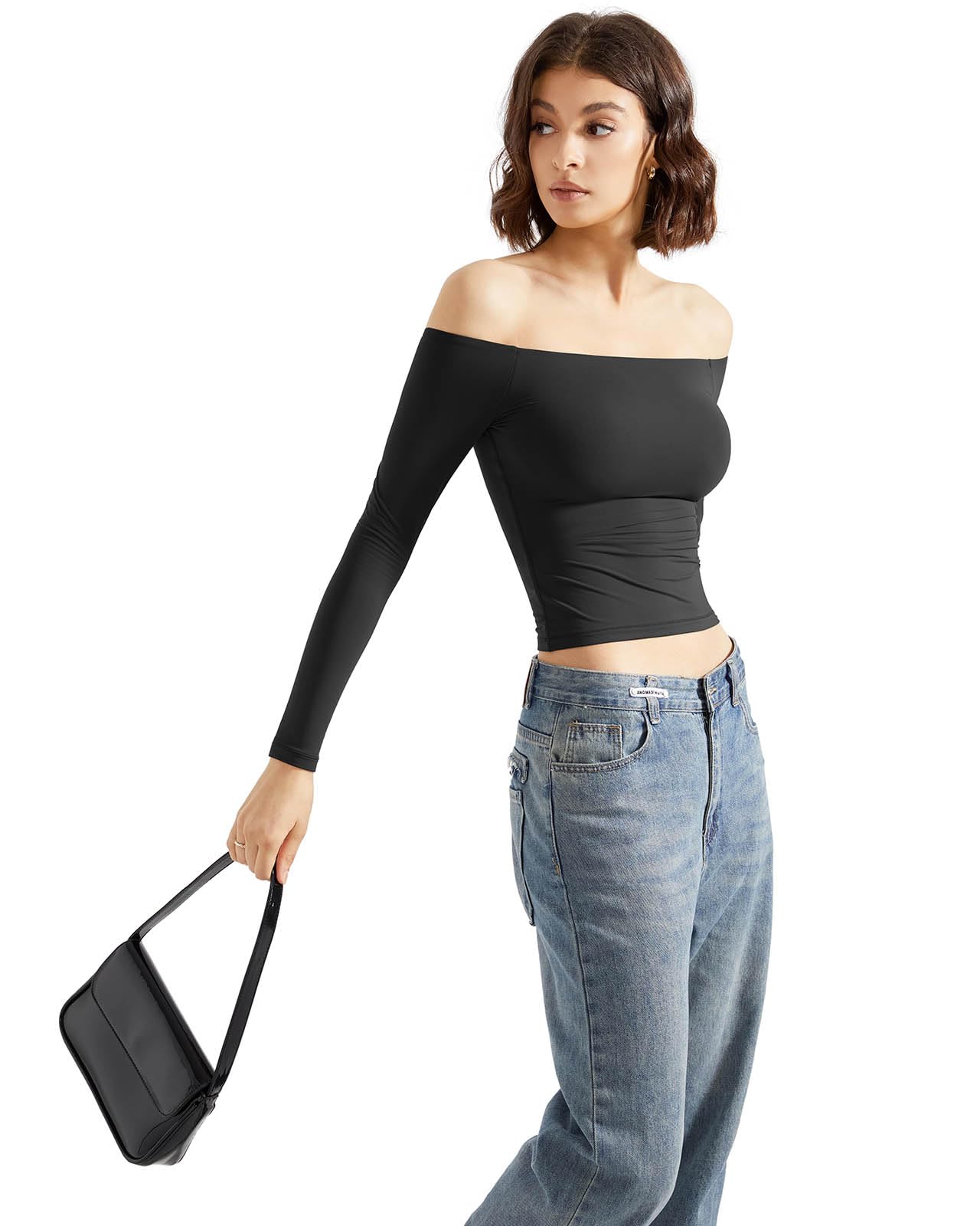 SUUKSESS Women's Off Shoulder Long Sleeve Shirt - Double Lined Stretchy Basic Top for Casual Wear, Date Night & Going Out | Trendy Blouse for Fall & Winter Fashion