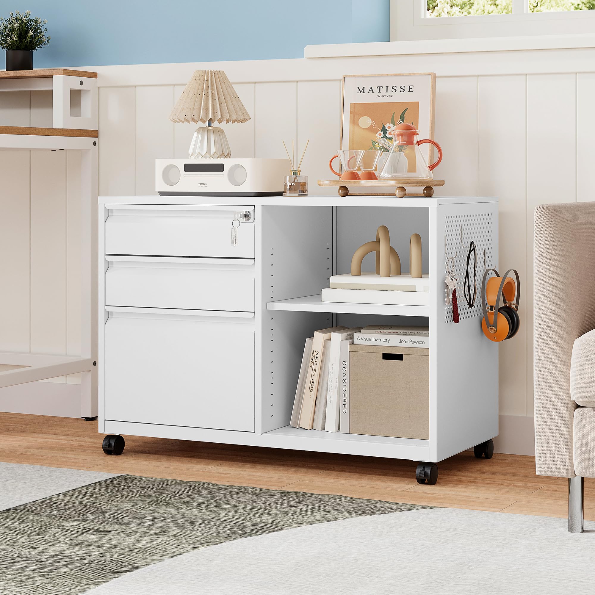 MIIIKO 3 Drawer Metal File Cabinet with Lock & Shelf - White Rolling Storage Cabinet for Home & Office, A4 Letter Legal File Folders Organizer, Printer Stand with Casters | Perfect for Document Storage, Office Organization & Workspace Efficiency