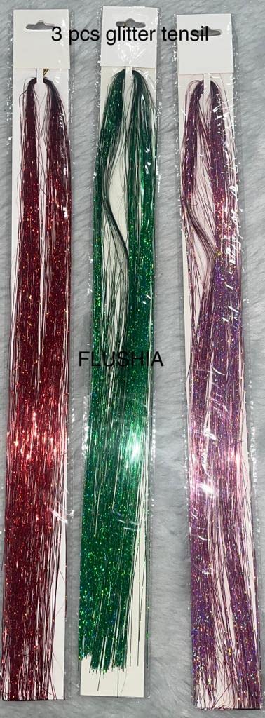 Flushia® 40 Inch Hair Tinsel Extensions - 3 Colors (Red, Green, Pink) 2400 Strands Glitter Hair Highlights | Fairy Hair Glitter for Parties, Festivals & Cosplay | Premium Hair Tensile Extensions Pack of 3