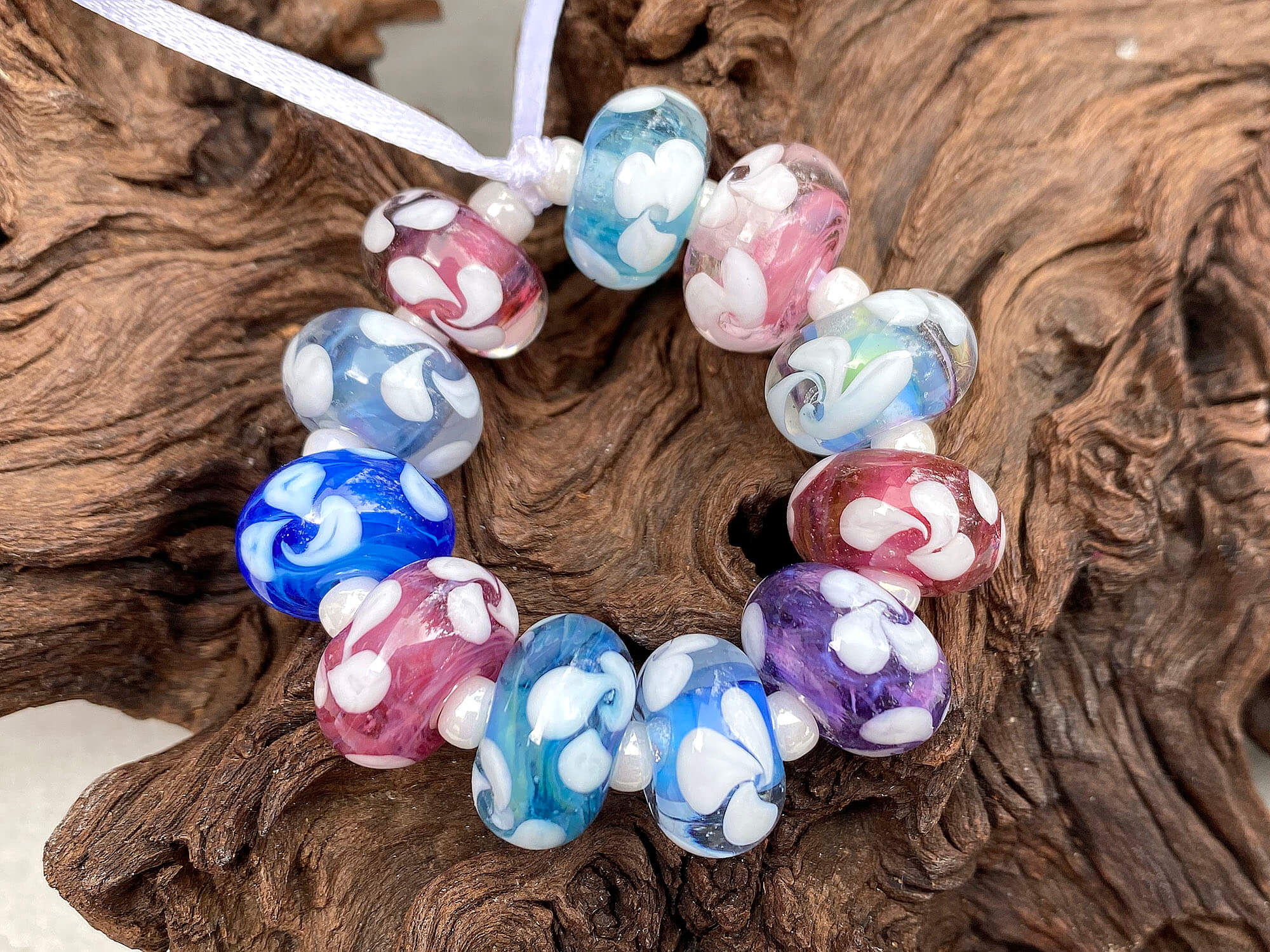11 Handmade Pastel Floral Lampwork Glass Beads Set - Perfect for Jewelry Making, DIY Crafts, and Gift Giving