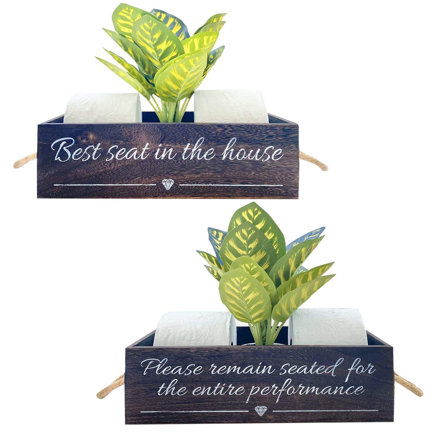 Farmhouse Storage Basket with Rope Handles - Rustic Wooden Crate for Bathroom Organization, Toilet Paper Holder & Diaper Caddy | Funny Gift Idea with Cute Signs & Artificial Plant | Perfect for Farmhouse Decor, Baby Shower Gifts & Home Organization