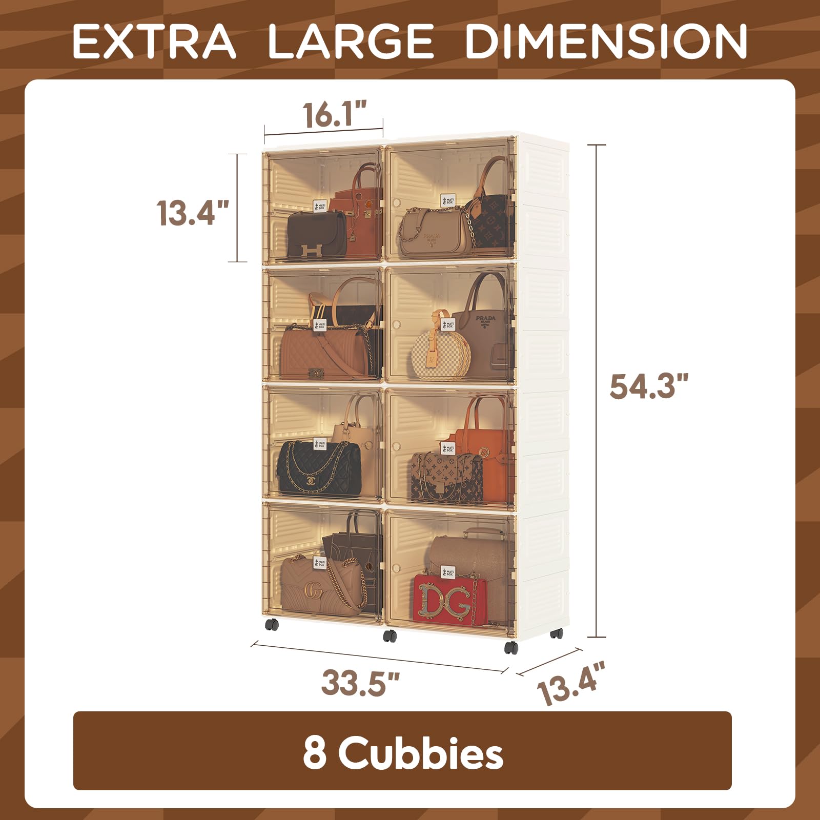 Mayi Box 8-Cubby Handbag & Shoe Storage Organizer with Magnetic Doors & Wheels - Perfect for Closet, Bedroom & Entryway Organization (Black)