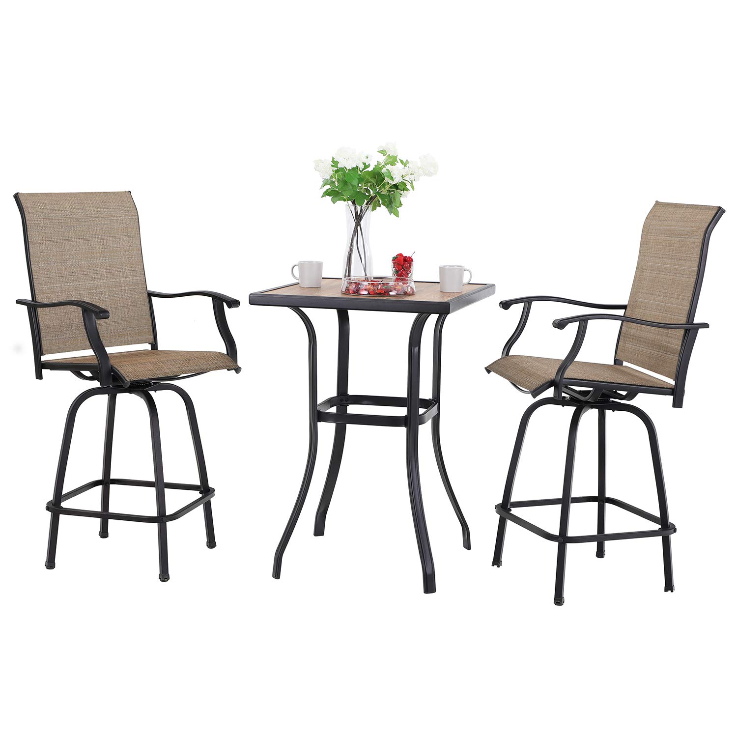 Sophia & William Outdoor Bar Set - 2 Swivel Bar Chairs & 1 Square Bar Table, Patio Furniture for Backyard, Deck, Poolside - Brown Wood-Like Finish (Weather-Resistant)