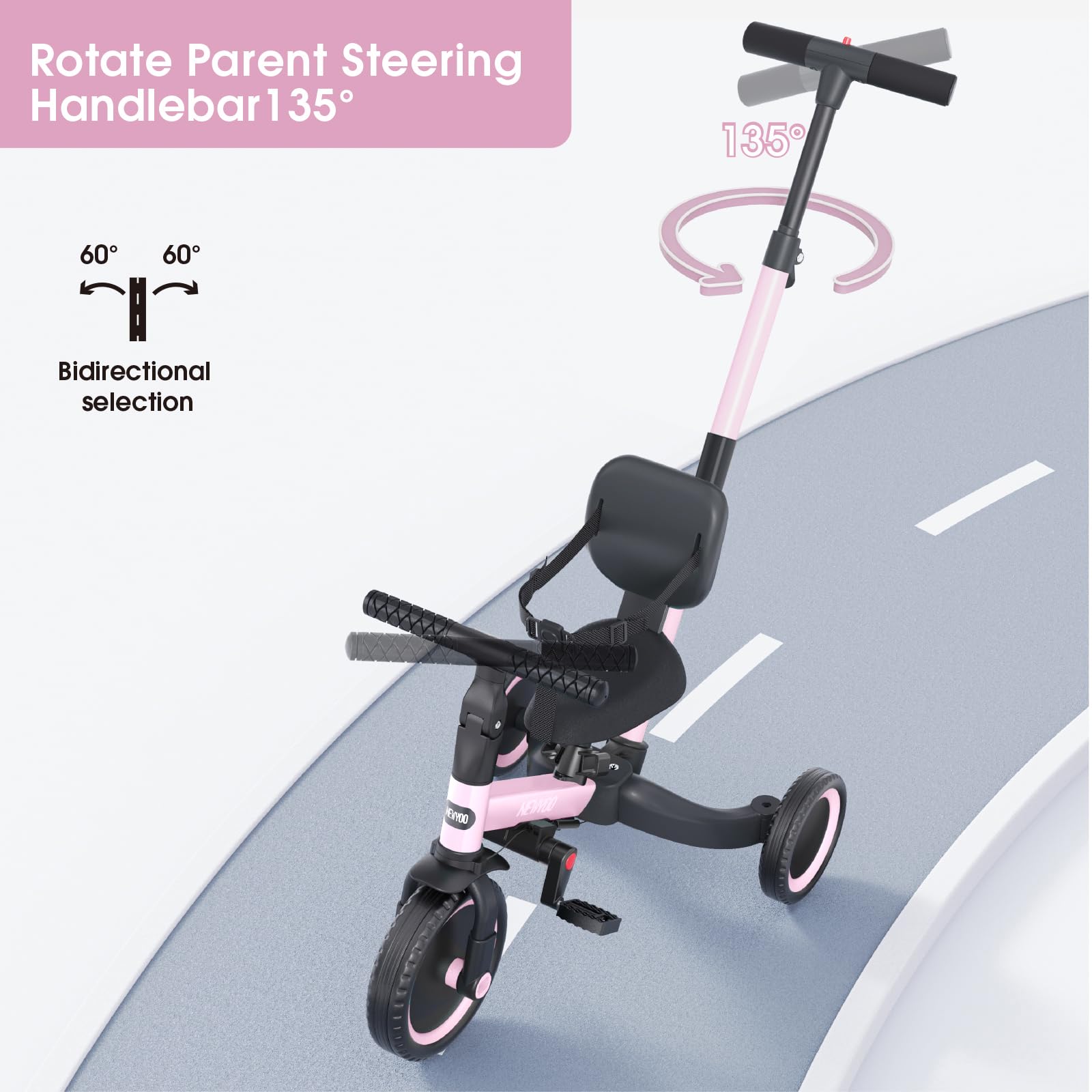 Newyoo Toddler Tricycle for 1-3 Year Old Kids - Adjustable Push Handle, Safety Belt & Backrest - Pink Balance Learning Bike TR007 - Perfect Birthday Gift for Boys & Girls - Indoor & Outdoor Play, Park Rides, Backyard Fun