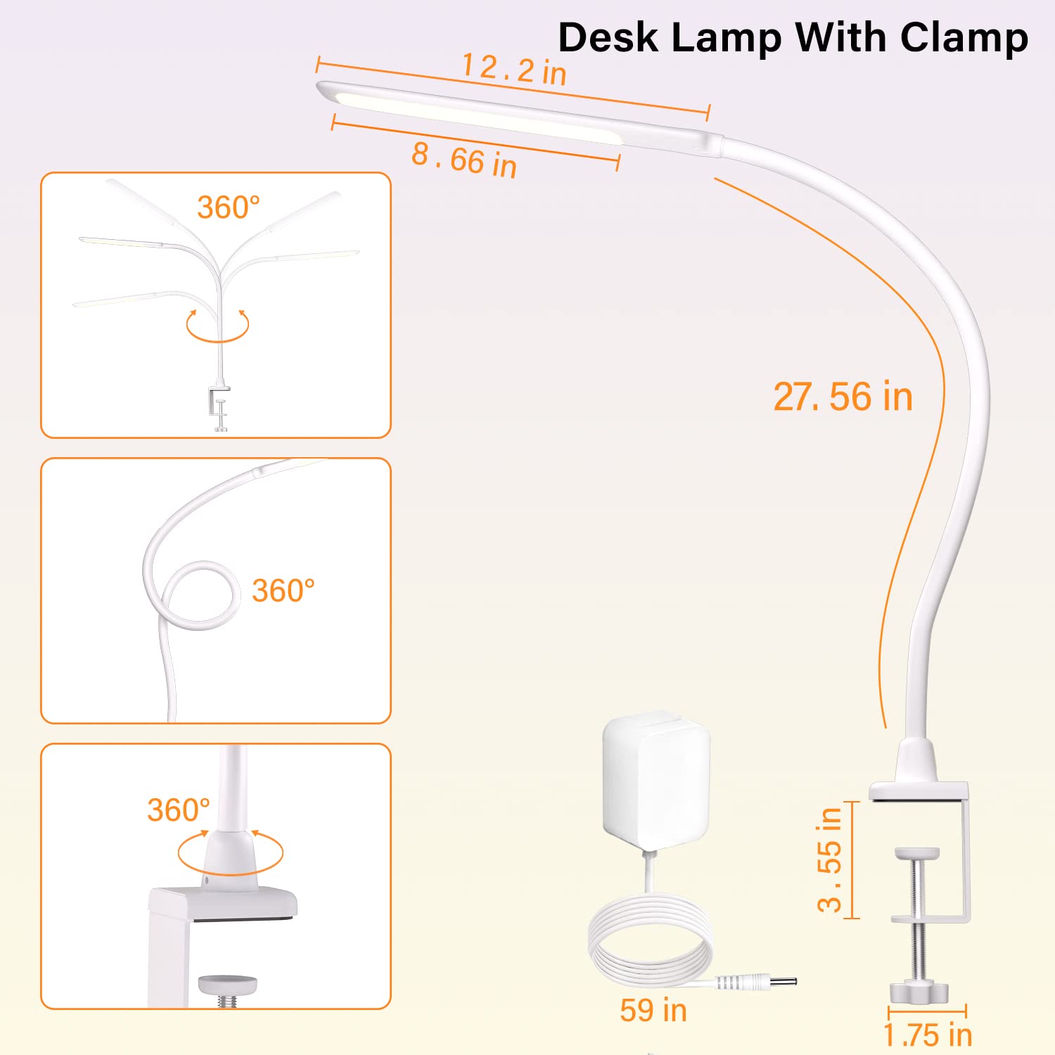Hokone 10W LED Desk Lamp with Clamp - Dimmable Touch Control for Office & Study