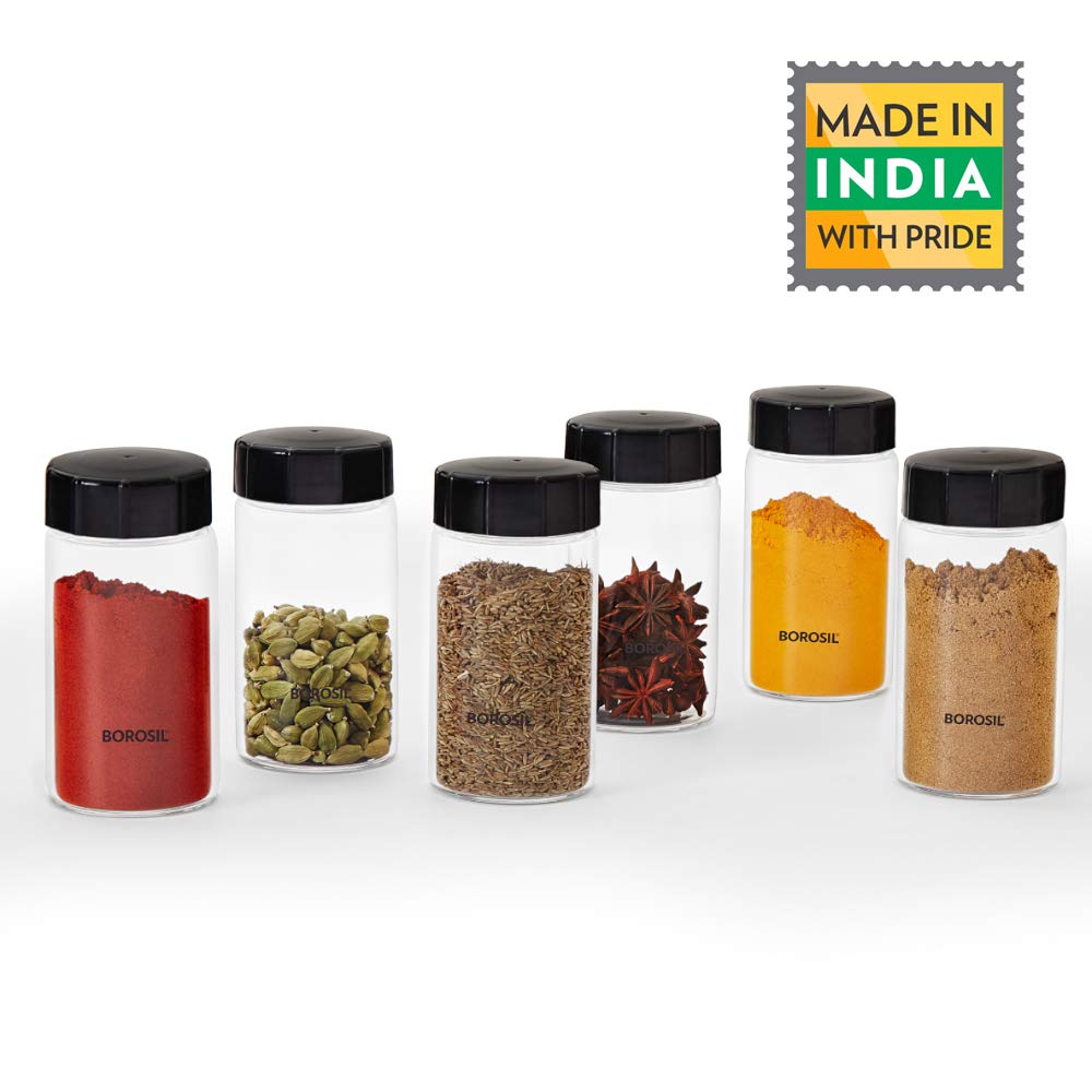 Premium Borosilicate Glass Spice Jars Set of 6 - 250ml Airtight Kitchen Storage Containers for Spices, Herbs & Tea | Transparent Neo Design | Ideal for Pantry Organization & Cooking Essentials (BVS6NEOSJ250)