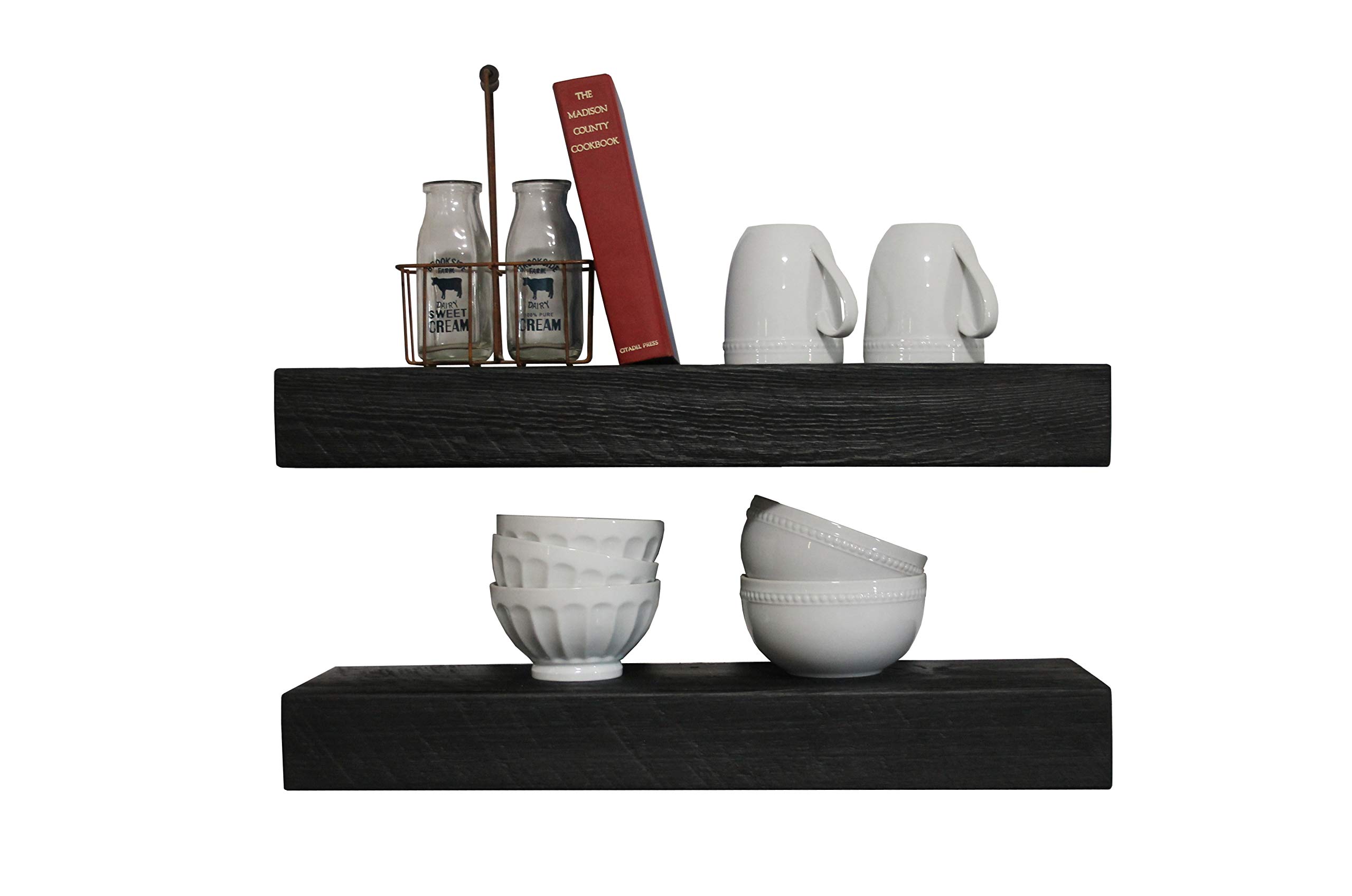 Joel's Antiques | 36 Inch Floating Wall Shelves Set of 2 - Natural Wood Rustic Bookshelves | Heavy Duty Easy Installation | Perfect for Bathroom Storage, Kitchen Decor & Living Room Display | Black Wooden Shelves