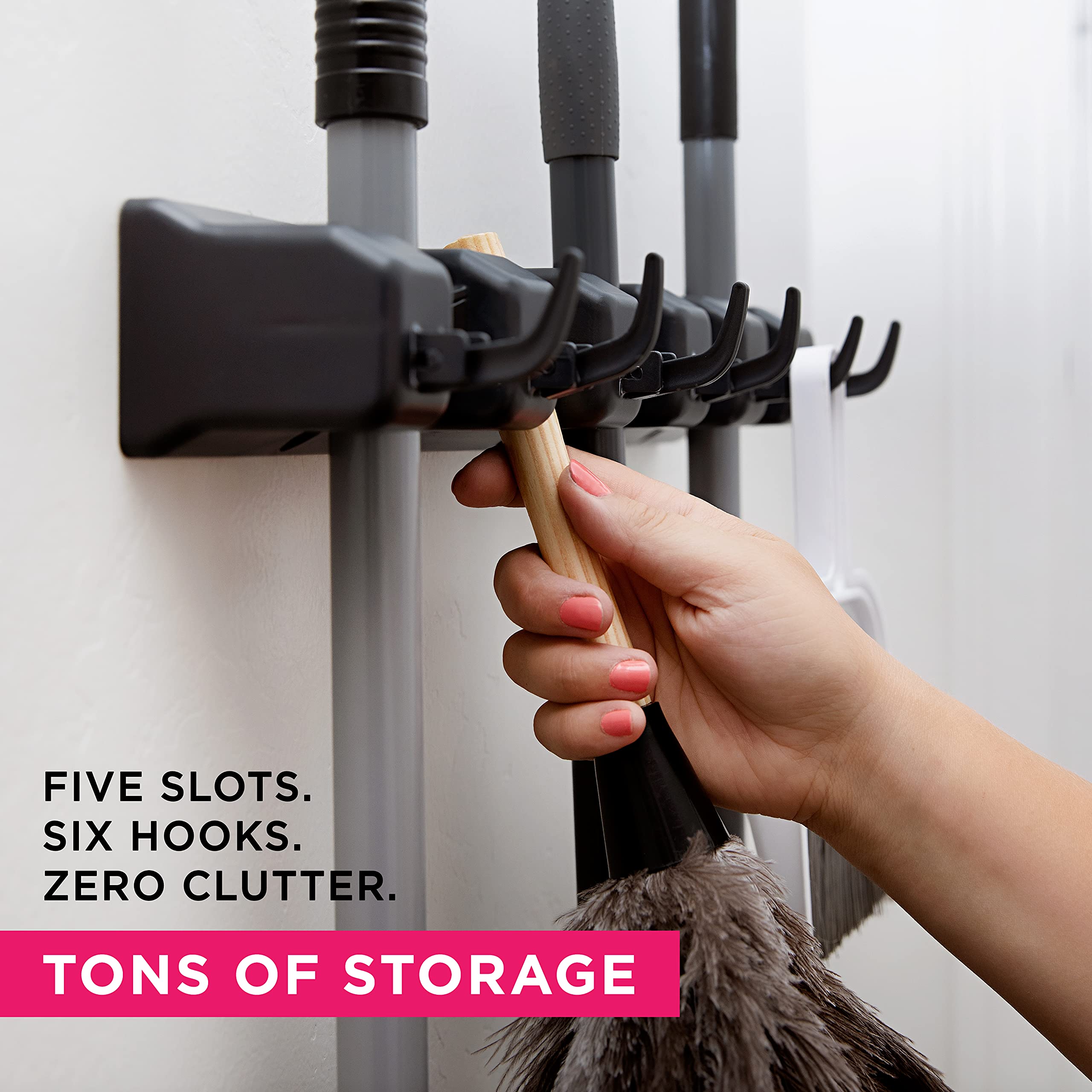 Extra Grip Wall Mount Mop & Broom Holder - Heavy Duty Utility Closet Organizer with Hooks for Garden Tools, Cleaning Supplies Storage - Perfect for Kitchen, Garage, Laundry Room Organization
