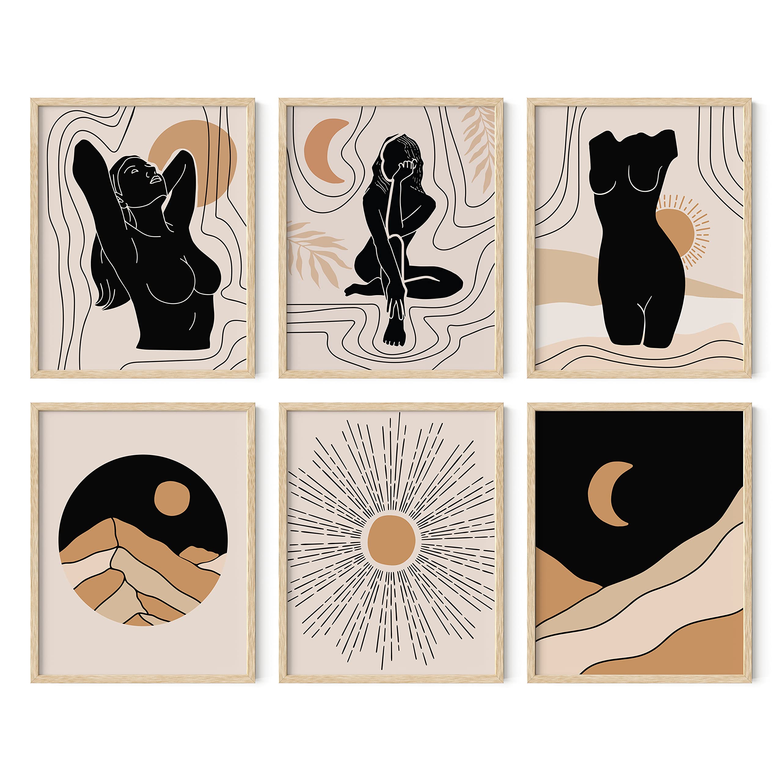 HAUS AND HUES Boho Wall Art Prints - Set of 6 Neutral Mid Century Modern Framed Decor (11x14 Beige) | Perfect for Living Room, Bedroom & Office Boho Style Decorating