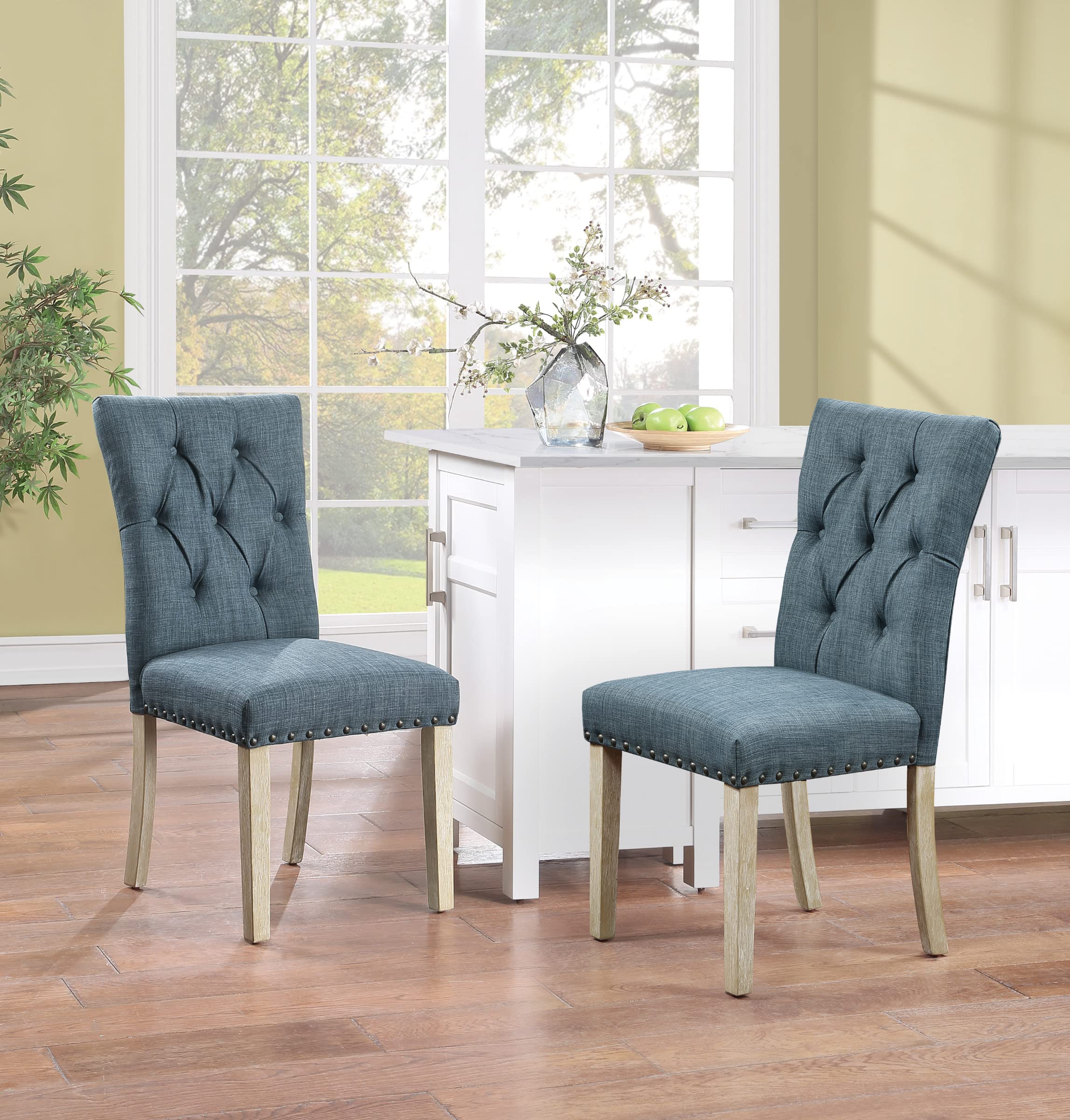 OSP Home Furnishings Preston Dining Chairs 2-Pack - Button Tufted Back, Antique Bronze Nailhead Trim, Indigo Fabric Upholstery - Elegant Kitchen & Dining Room Furniture Set for Home Decor