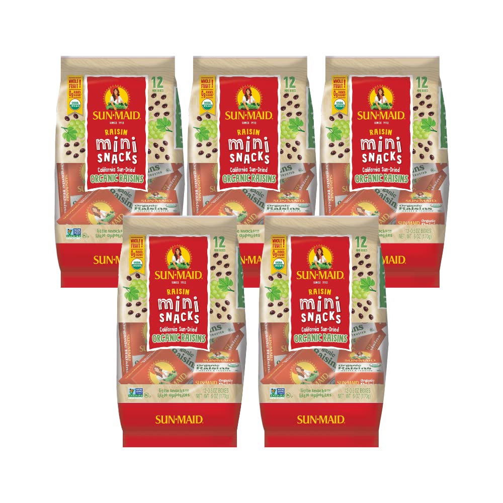 Organic Sun-Maid Raisins - Healthy Dried Fruit Snacks (6oz Pack of 5) | Perfect for Lunchboxes, Baking & On-the-Go Snacking