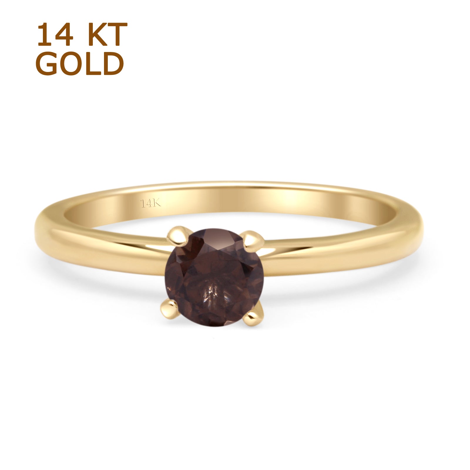 14K Yellow Gold Minimalist Round Solitaire Natural Chocolate Smoky Quartz Ring for Women - Elegant Dainty Jewelry Gift for Anniversary, Valentine's Day & Special Occasions