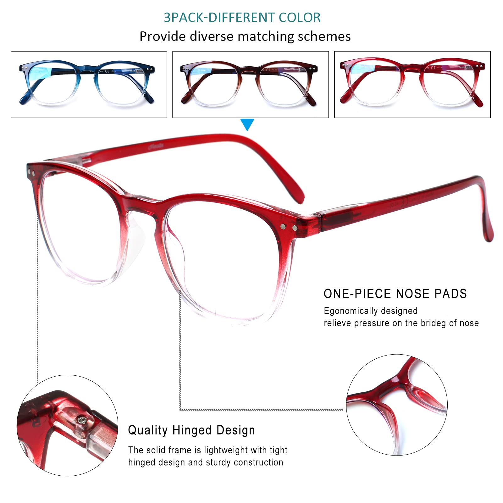 Henotin 3-Pack Blue Light Blocking Reading Glasses with Spring Hinge - Anti UV Computer Glasses for Men & Women (Multicolor, +0.75) - Reduce Eye Strain for Office Work, Gaming & Screen Time