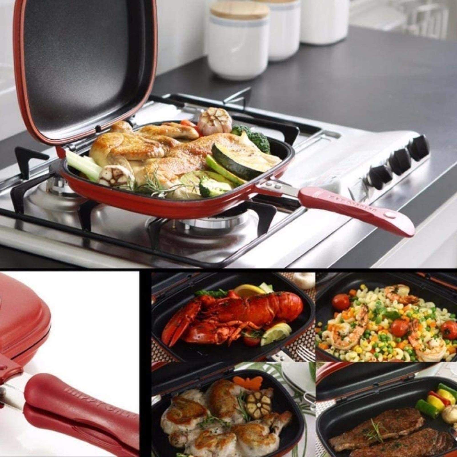 XBSXP 32cm Double Sided Grill Pan - Nonstick Square Skillet for Steak, Eggs & Pancakes - Dual Side Frying & Baking Cookware for Kitchen, BBQ & Camping