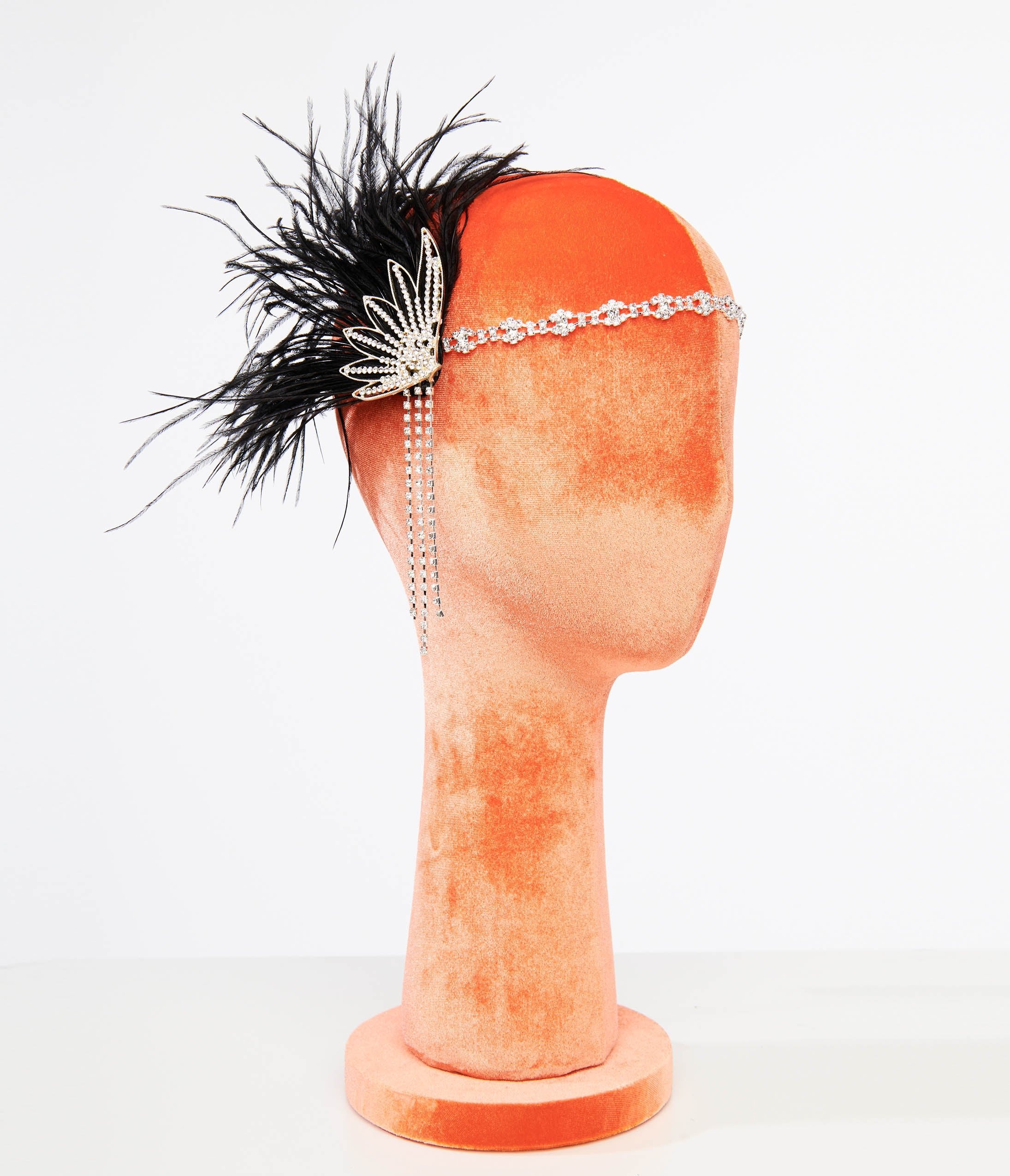 Vintage 1920s Flapper Headband - White Rhinestone & Black Feather Hair Accessory for Gatsby Parties, Roaring 20s Costumes, and Themed Events