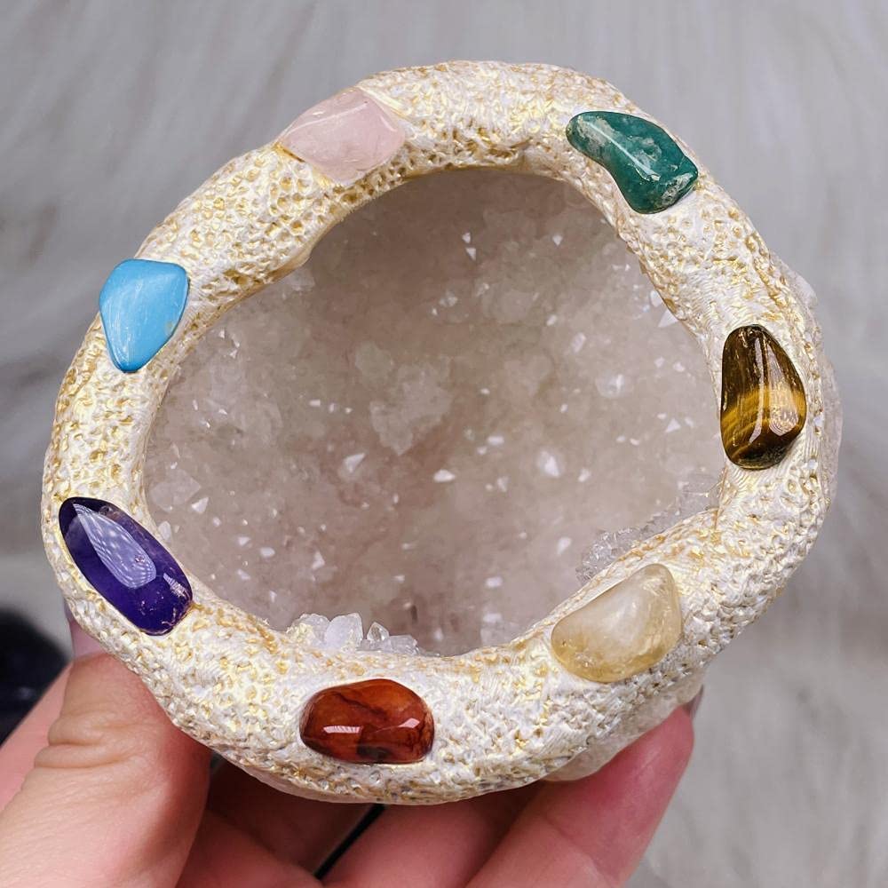 Natural Geode Seven Chakras Quartz Cluster Crystal Specimen - Healing Energy Stones for Meditation, Reiki, Yoga & Home Decor (3-4 inch)