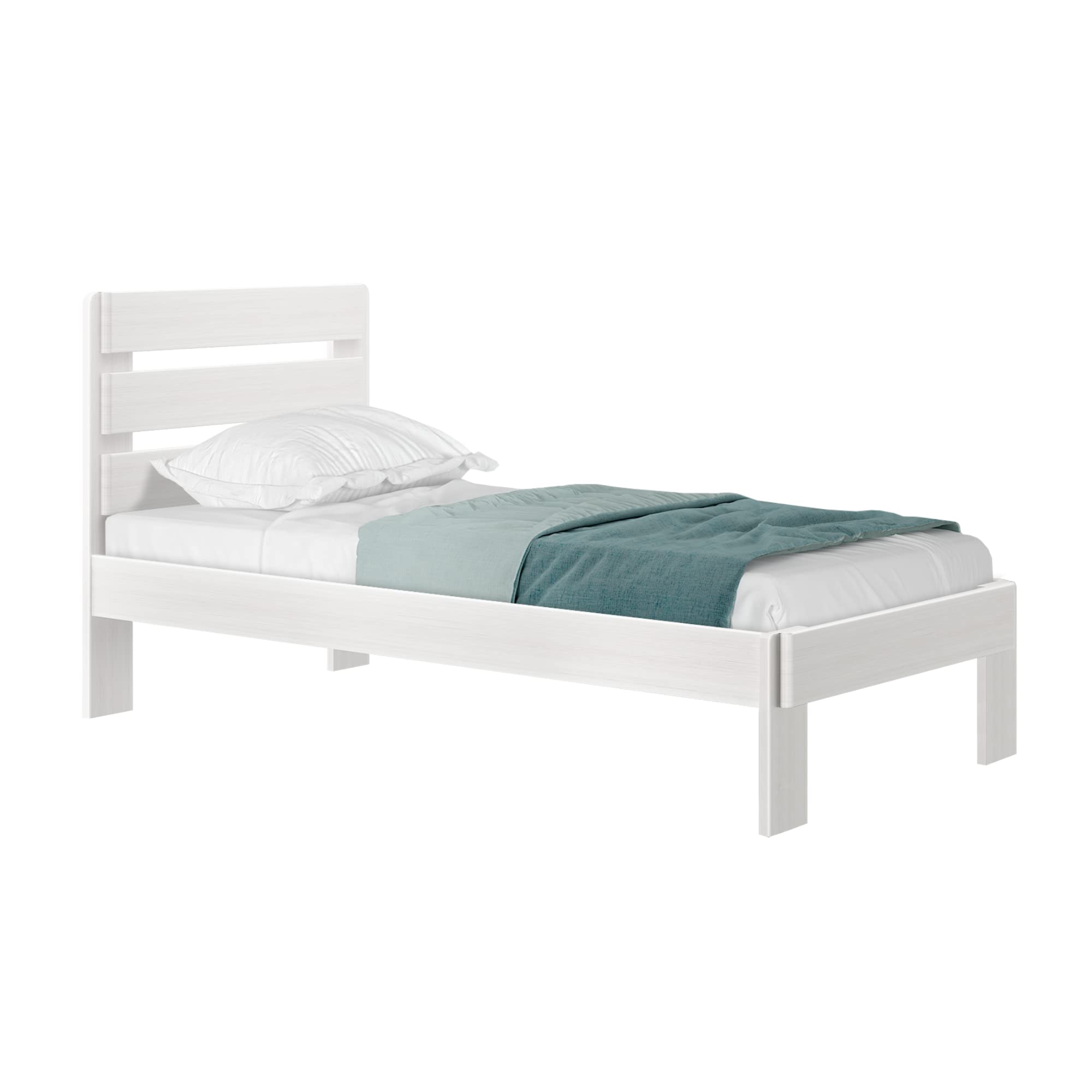 Rustic White Wash Twin Bed Frame with Headboard & Slatted Platform - Solid Wood Plank & Beam Design for Cozy Bedrooms & Guest Rooms