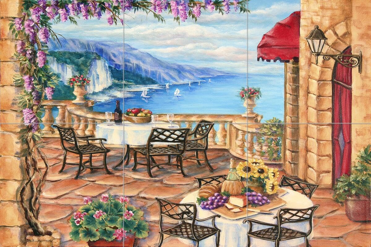 Ceramic Backsplash Tile Mural - Water View Landscape Design for Kitchen, Bathroom & Shower - Afternoon Lunch by Rita Broughton - Perfect for Coastal, Modern & Farmhouse Decor