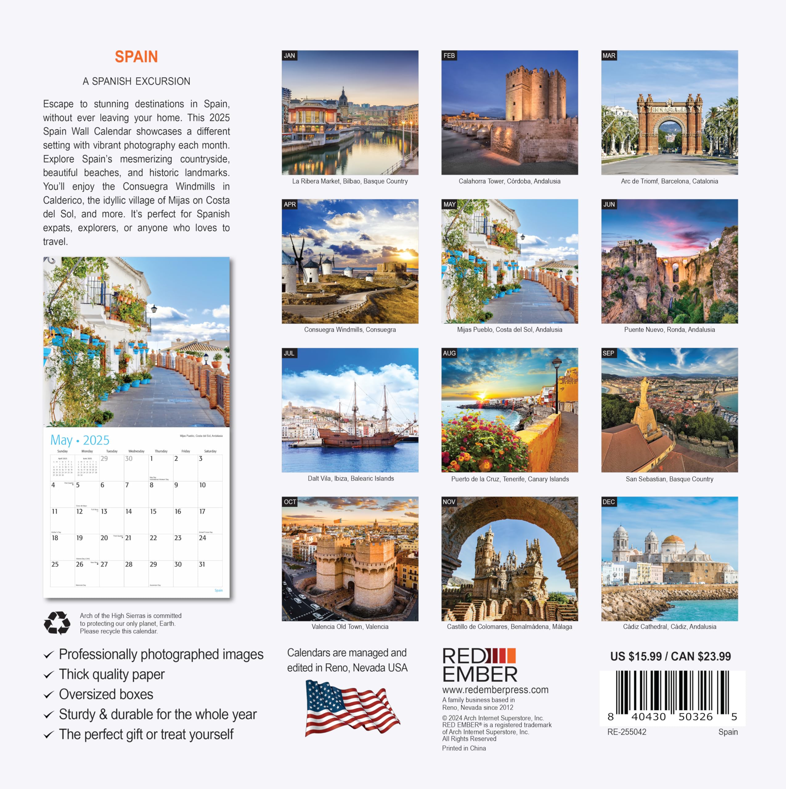 RED EMBER Spain 2025 Wall Calendar - 12 Month Large 12x24 Inch with Thick Sturdy Paper | Perfect Gift for Travel Lovers | European Vacation & Home Office Decor Inspiration