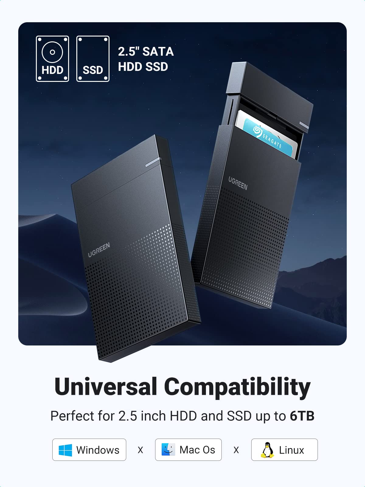UGREEN USB C to SATA 2.5 Inch External Hard Drive Enclosure - Portable SSD HDD Case for MacBook, Windows PC, PS4 & Data Backup
