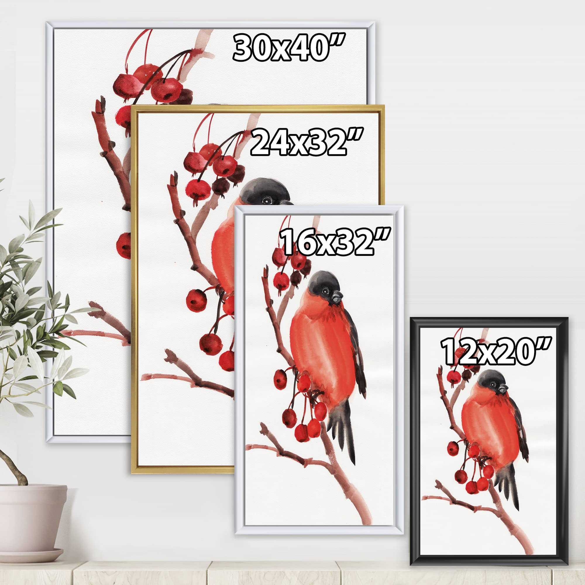DesignQ Red Bullfinch Bird on Branch with Berries - Traditional Framed Canvas Wall Art Print for Living Room, Bedroom & Office Decor