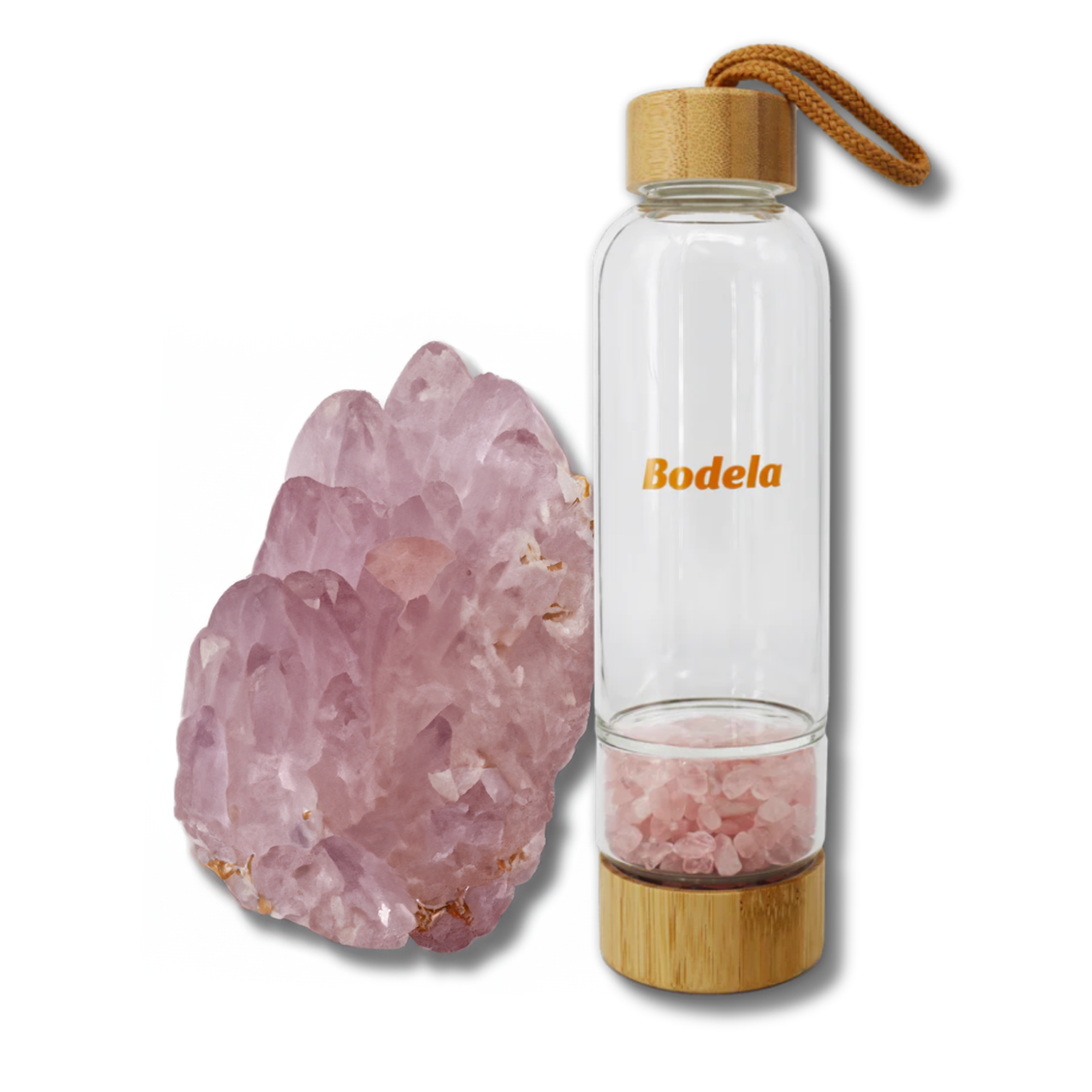 Bodela Rose Quartz Glass Water Bottle - 500ml Leakproof Reusable Bottle for Women & Men, Eco-Friendly Travel, Gym, Yoga & Office Hydration