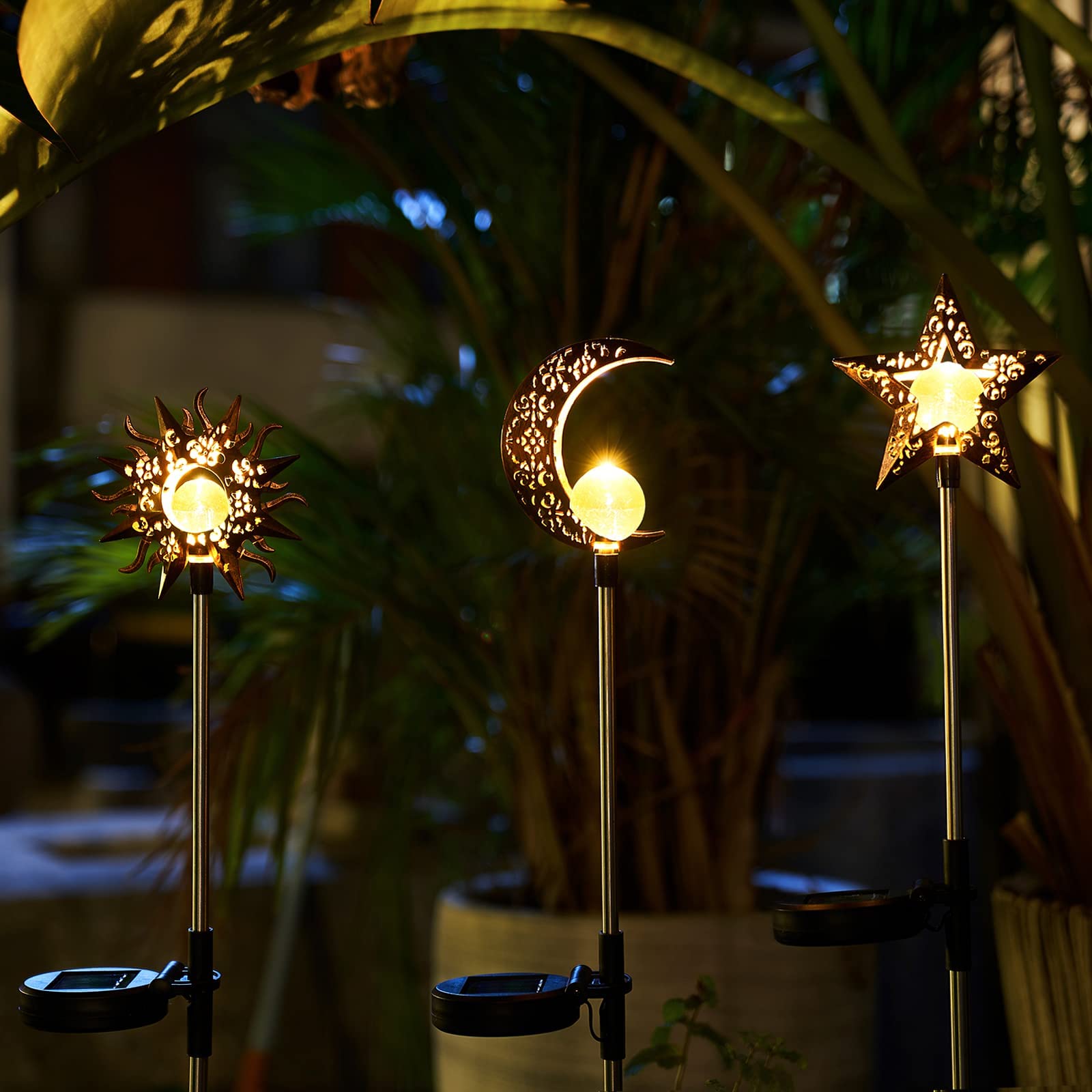 Solar Lights Outdoor Garden Decorations - Waterproof Warm White LED Stake Lights for Pathway, Lawn, Patio & Backyard | Sun Moon Star Design | Perfect for Courtyard, Yard & Landscape Lighting at Night