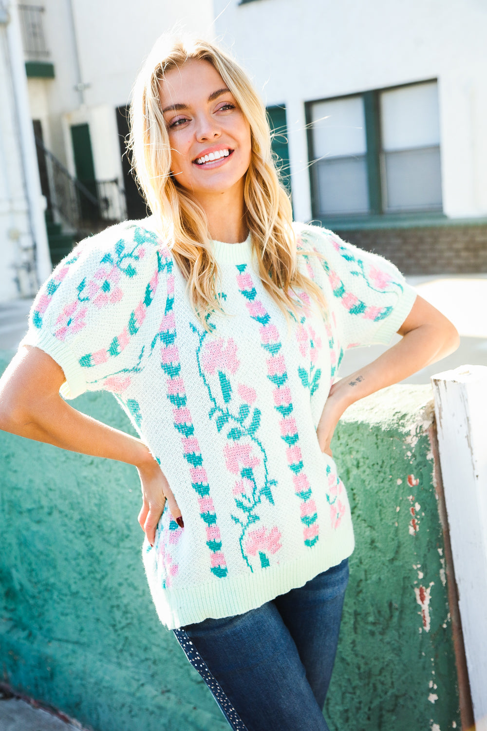 All For Love Mint Jacquard Floral Bubble Sleeve Sweater Top | Women's Fashion Knitwear | Perfect for Date Night & Fall Layering