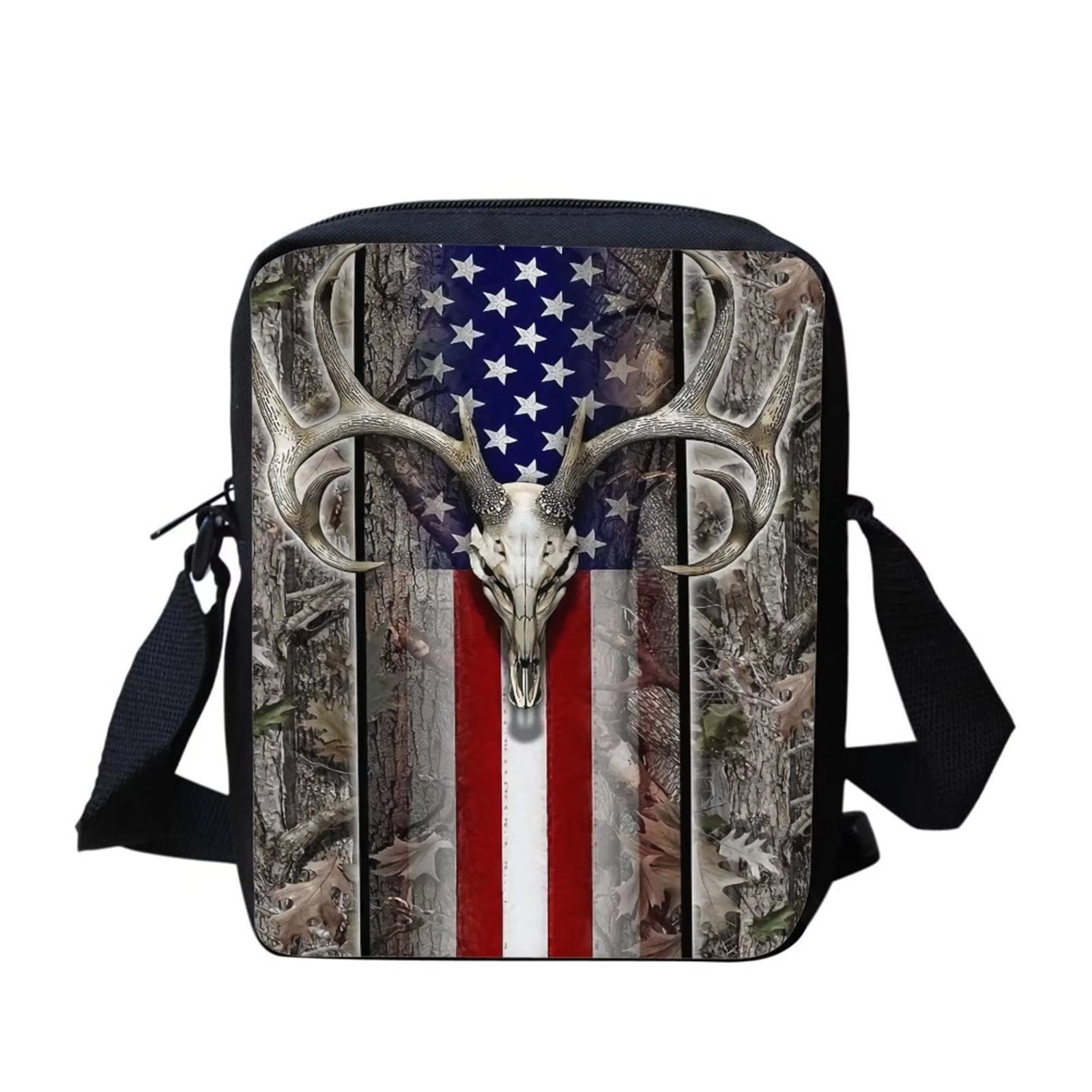 Frestree Crossbody Bag for Adults Teens & Kids - Deer Camouflage & American Flag Print Messenger Purse - Lightweight Shoulder Bag for 4th of July, Independence Day, Outdoor Activities & Daily Use