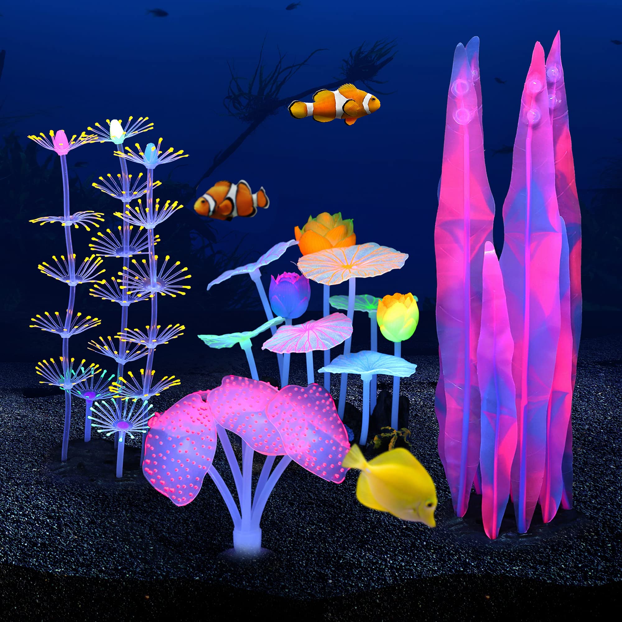 4-Piece Glowing Fish Tank Decor Set - LED Aquarium Plants, Coral, Lotus & Anemone Decorations for Freshwater & Saltwater Tanks | Perfect for Night Viewing, Themed Aquascaping & Enhancing Fish Habitat
