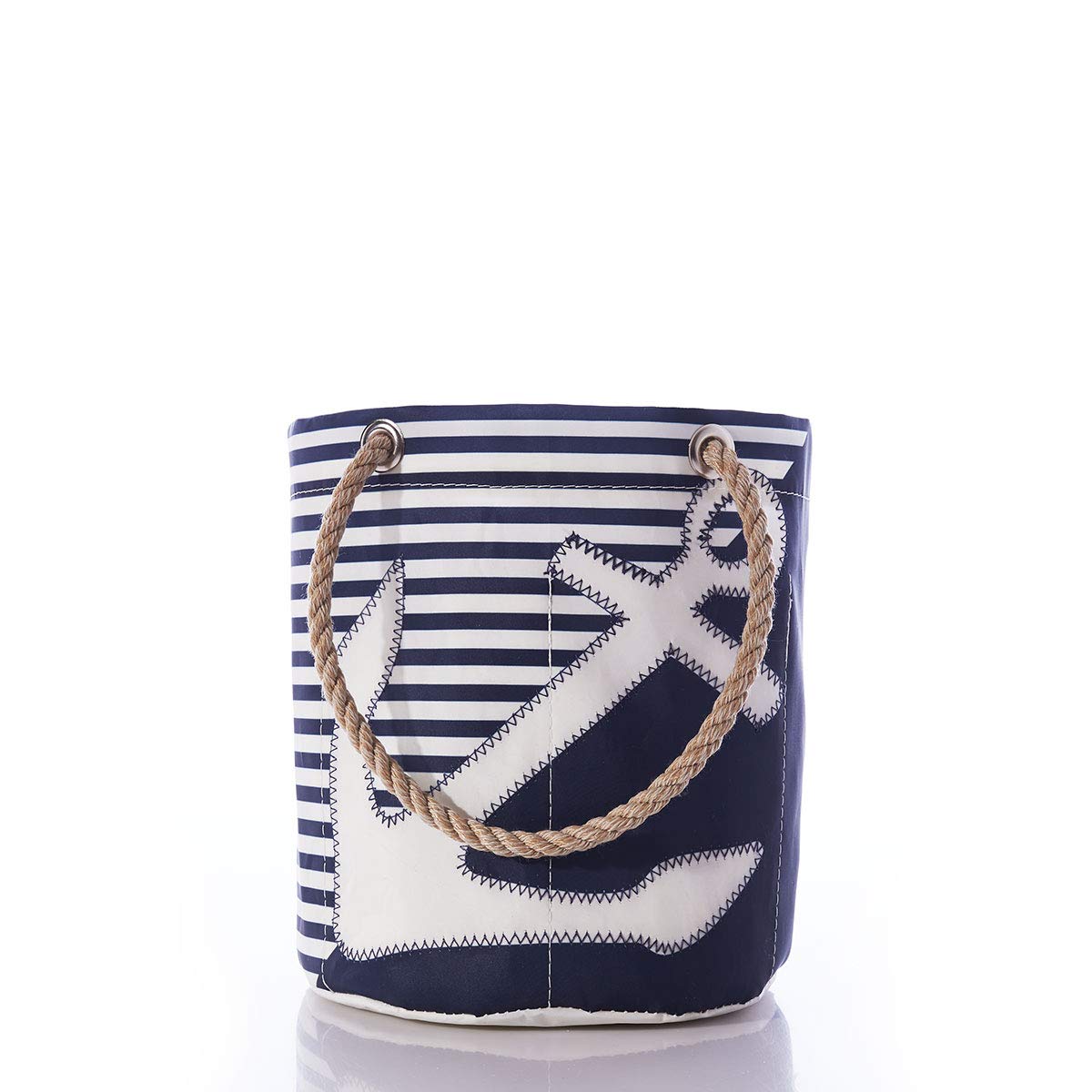 Sea Bags Recycled Sailcloth Collapsible Cooler Bag - White & Navy Breton Stripe with Anchor Design, Travel Beverage Bucket with Interior Pockets & Rope Handles - Perfect for Beach Trips, Picnics, Boating and Outdoor Adventures