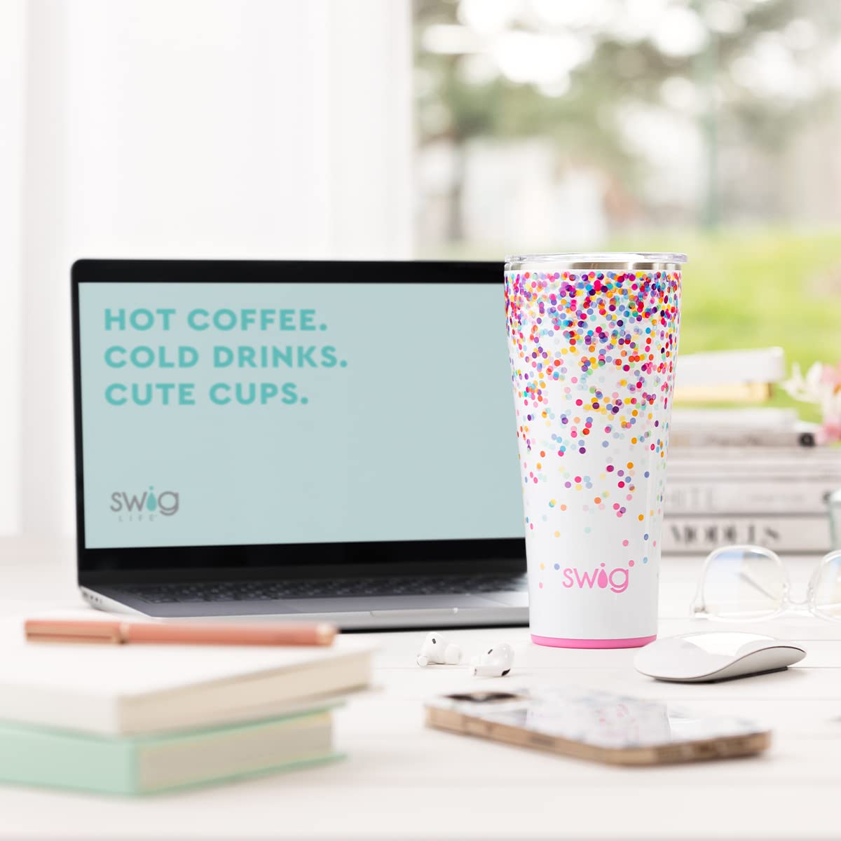 Swig Life 32oz Insulated Stainless Steel Tumbler with Lid - Leakproof Travel Coffee Mug, Cup Holder Friendly, Double Wall Vacuum Thermos for Hot & Cold Drinks - Perfect for Office, Commuting, Camping & Outdoor Activities (White)