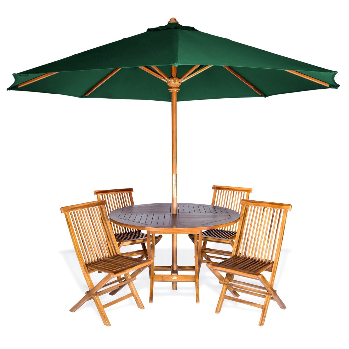 6-Piece Teak Round Folding Table Set with Blue Umbrella - 4 ft Outdoor Patio Dining Set | All Things Cedar | Perfect for Backyard BBQs, Poolside Gatherings & Garden Parties