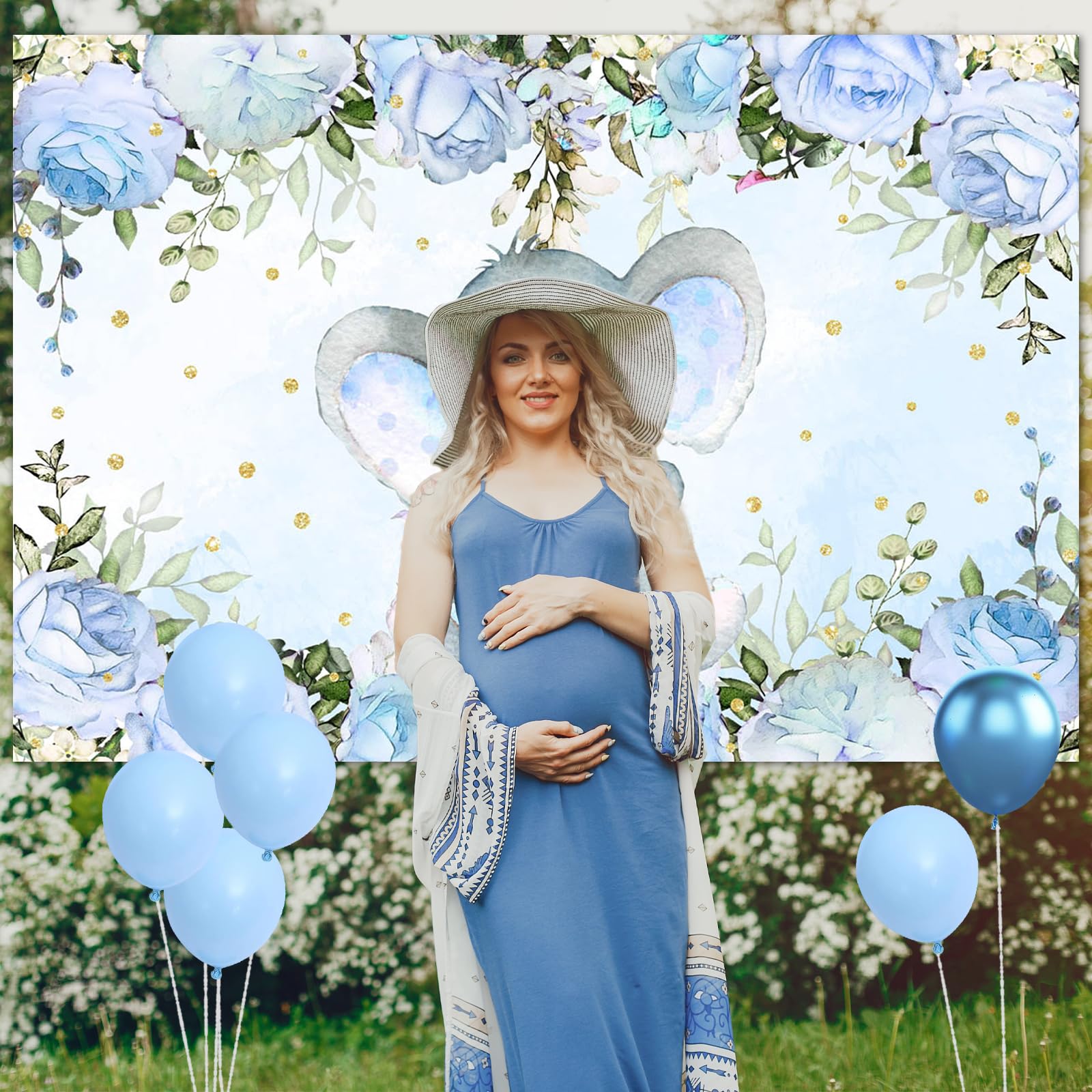 Blue Floral Elephant Baby Shower Backdrop - Avezano 7x5ft Party Decoration Banner for Elephant-Themed Nursery, Birthday & Gender Reveal Celebrations