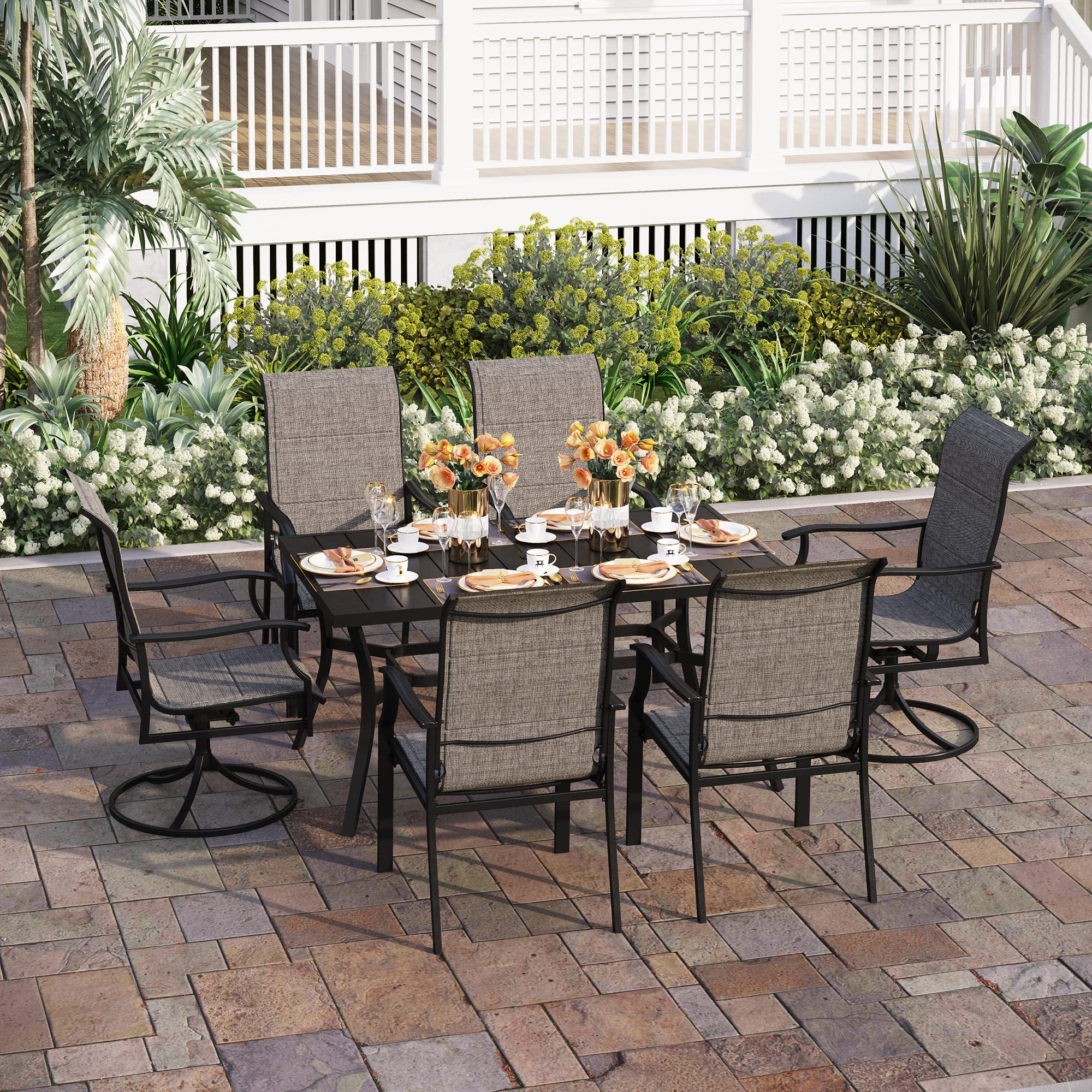 7-Piece Patio Dining Set with 2 Swivel Chairs & 4 Padded High-Back Chairs, 6-Person Steel Frame Outdoor Table with Umbrella Hole - Perfect for Backyard BBQs, Garden Parties & Poolside Dining