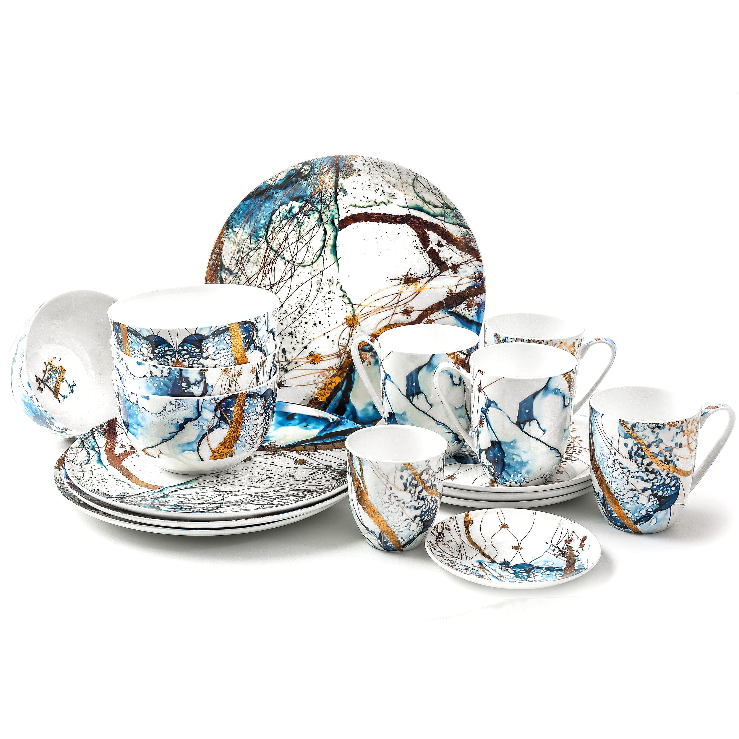 Premium KOKEN 16-Piece Bone China Dinnerware Set for 4 - Elegant Microwave Safe Plates, Bowls & Mugs - Classic White Tableware Set for Daily Use, Dinner Parties & Special Occasions (Ocean Blue)