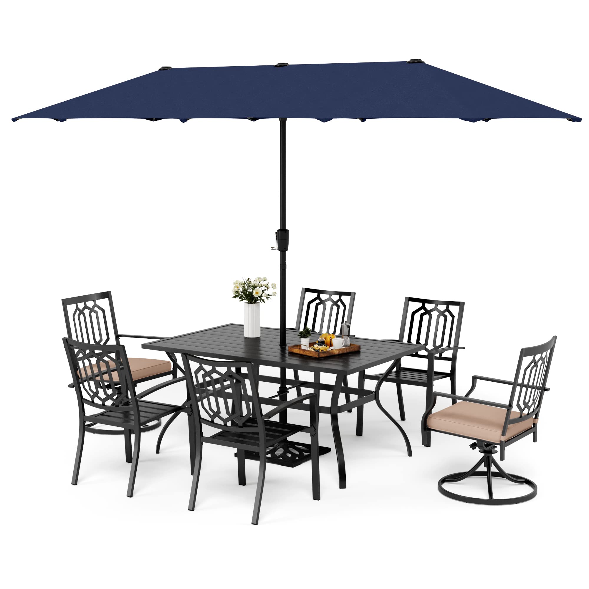 MFSTUDIO 8-Piece Outdoor Patio Dining Set with 4 Stackable Chairs, 2 Swivel Chairs, Steel Frame Table & 13ft Navy Blue Umbrella (Base Not Included) - Perfect for Backyard BBQs, Poolside Gatherings & Garden Parties