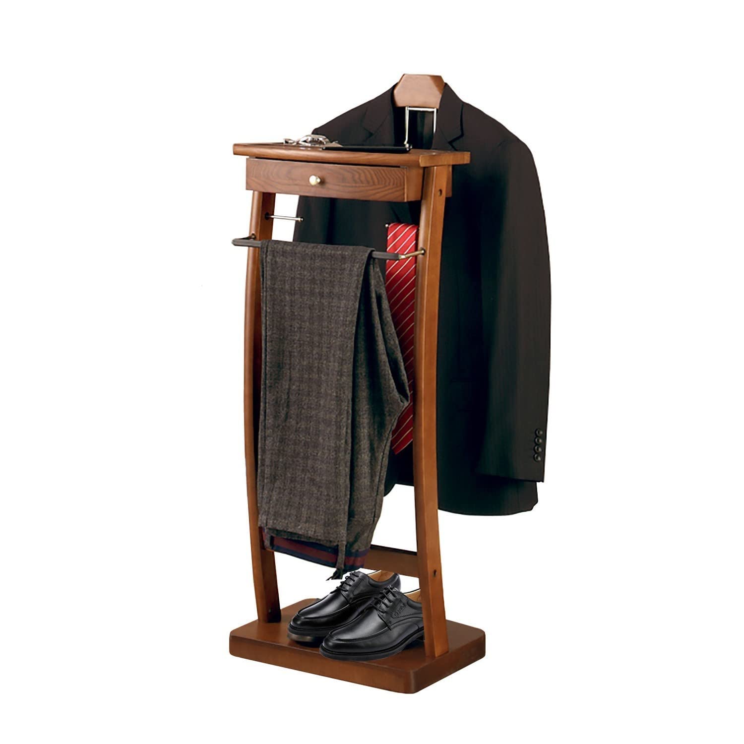 Solid Wood Valet Stand with Drawers - Crease-Free Coat Hanger for Suits & Jackets - Hallway & Dressing Room Storage Organizer - Perfect for Bedroom, Closet & Entryway Organization