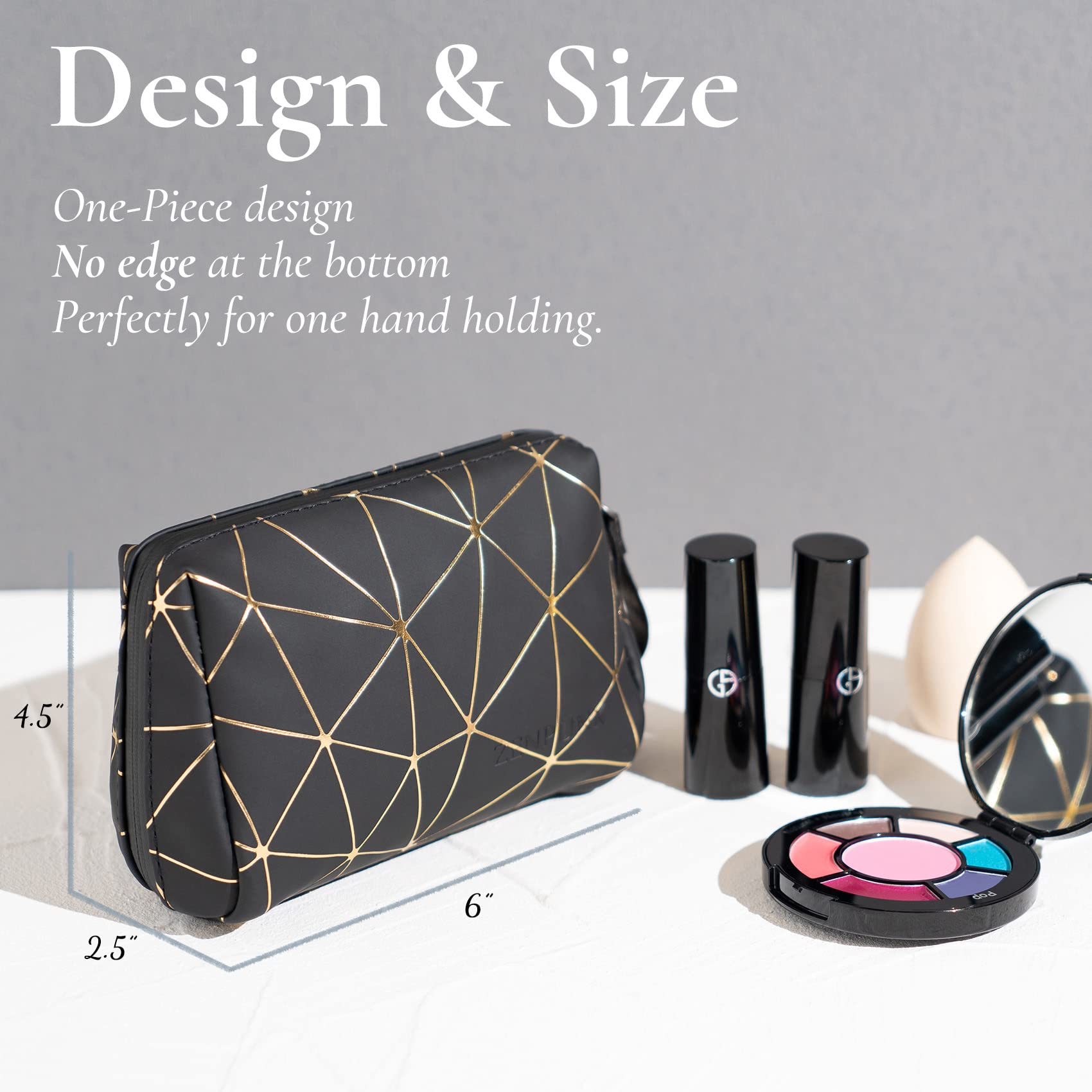 Mini Makeup Bag for Purse | PU Leather Cosmetic Organizer | Travel Makeup Pouch | Waterproof Portable Cosmetic Case for Women & Girls (Black & Gold) | Perfect for Travel, Gym & Everyday Use