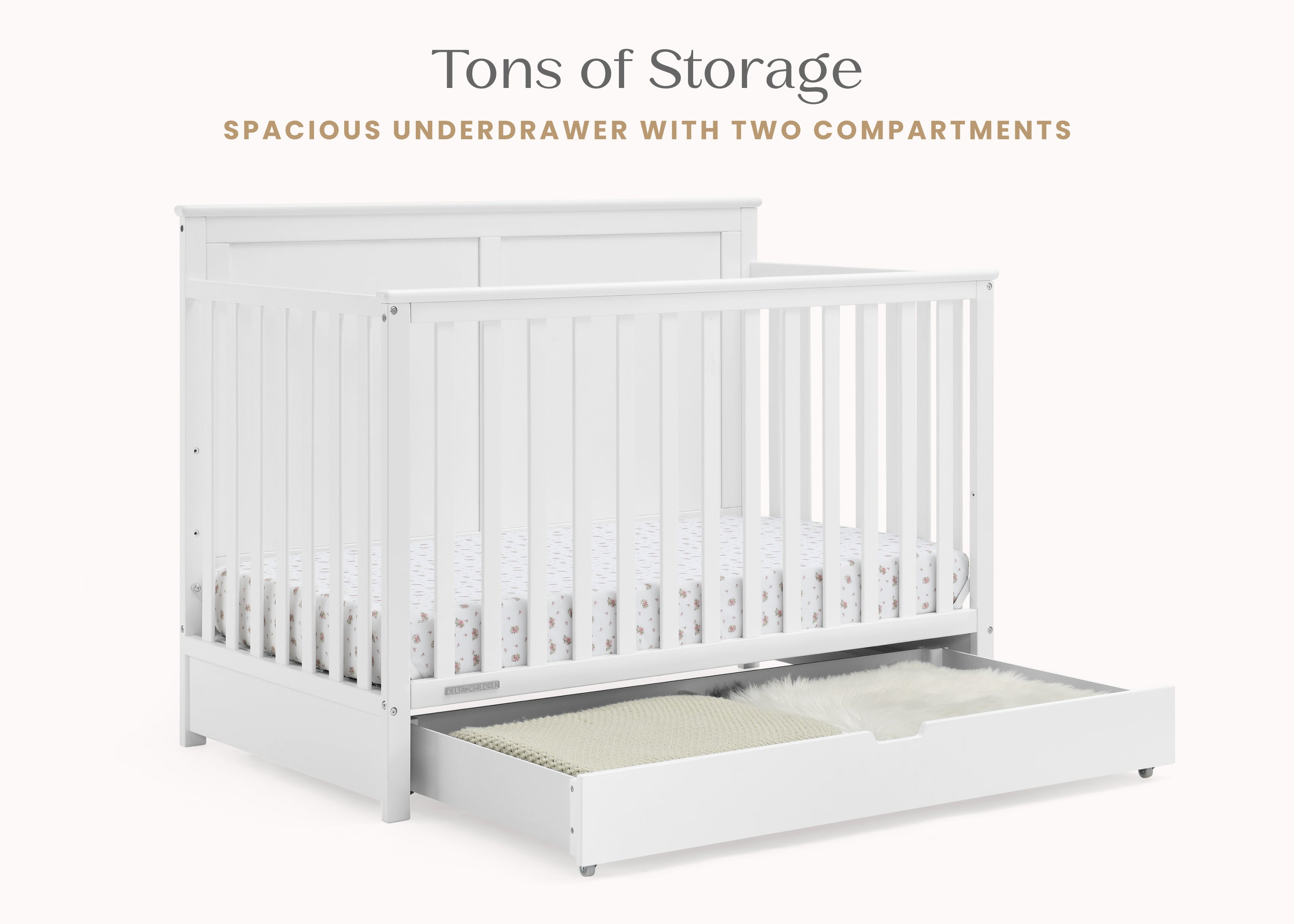 Logan 6-in-1 Convertible Baby Crib with Underdrawer Storage - White Nursery Furniture for Newborn to Toddler Bed | Perfect for Small Spaces & Modern Nurseries