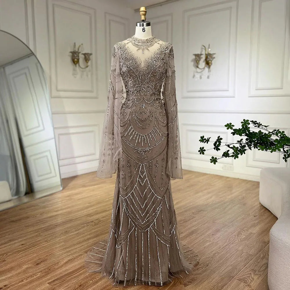Elegant Dubai Gray Mermaid Beaded Lace Arabic Luxury Evening Dress for Women - Wedding, Party & Special Occasion Gowns 2025 | LA72517 | Perfect for Red Carpet Events, Galas & Formal Celebrations