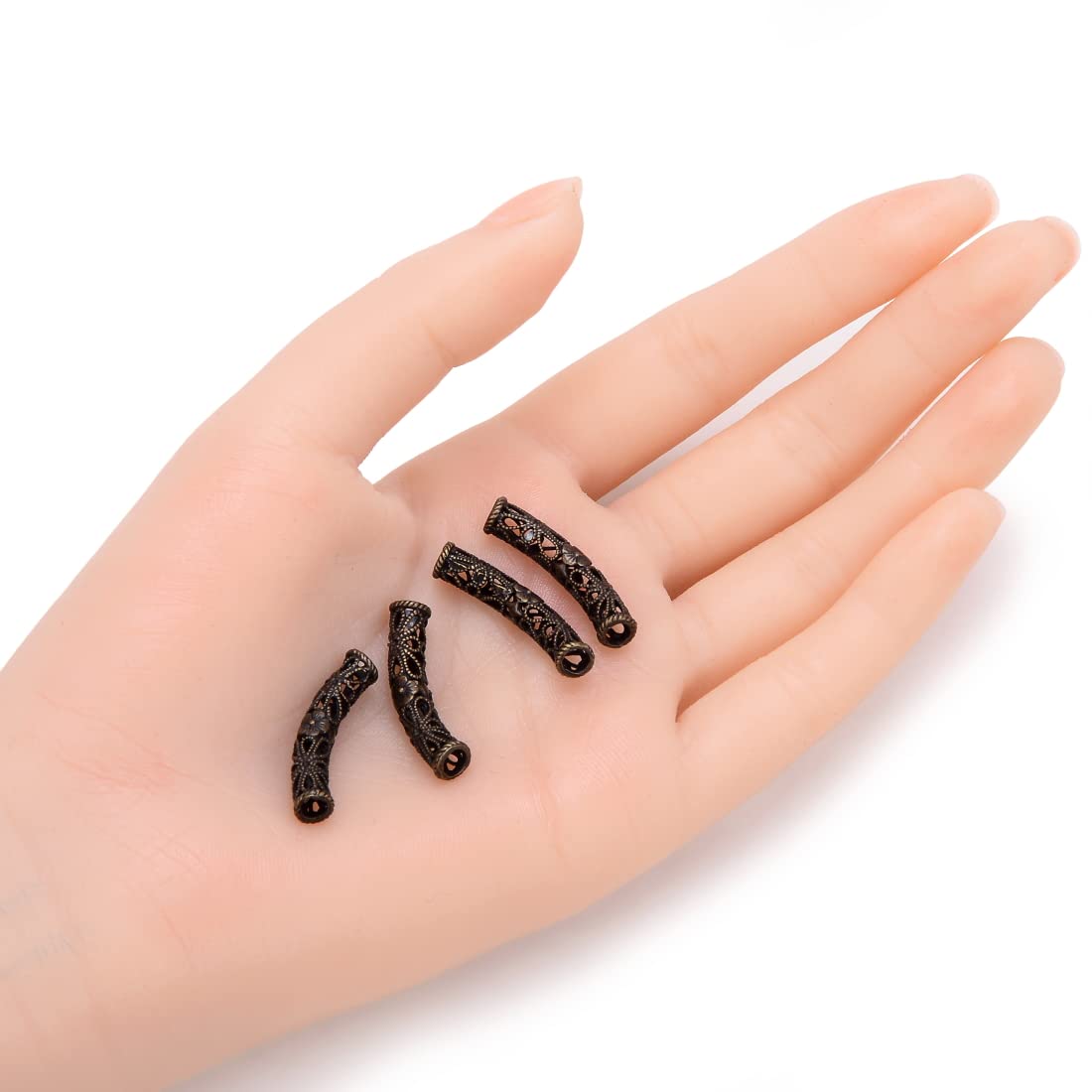 10pcs Antique Bronze Plated Brass Filigree Flower Spacer Beads 30mm - Large Hole Curved Tube Beads for DIY Jewelry Making, Necklace, Bracelet & Craft Projects