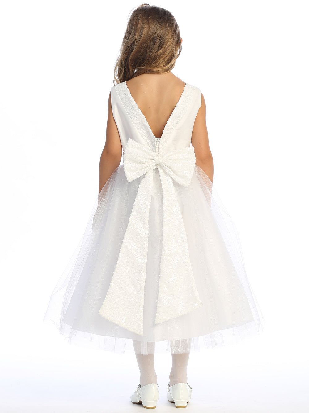 Sparkling White Flower Girl Dress with Shantung & Sequin Embellished Tulle – Perfect for Weddings, Birthday Parties & Special Occasions