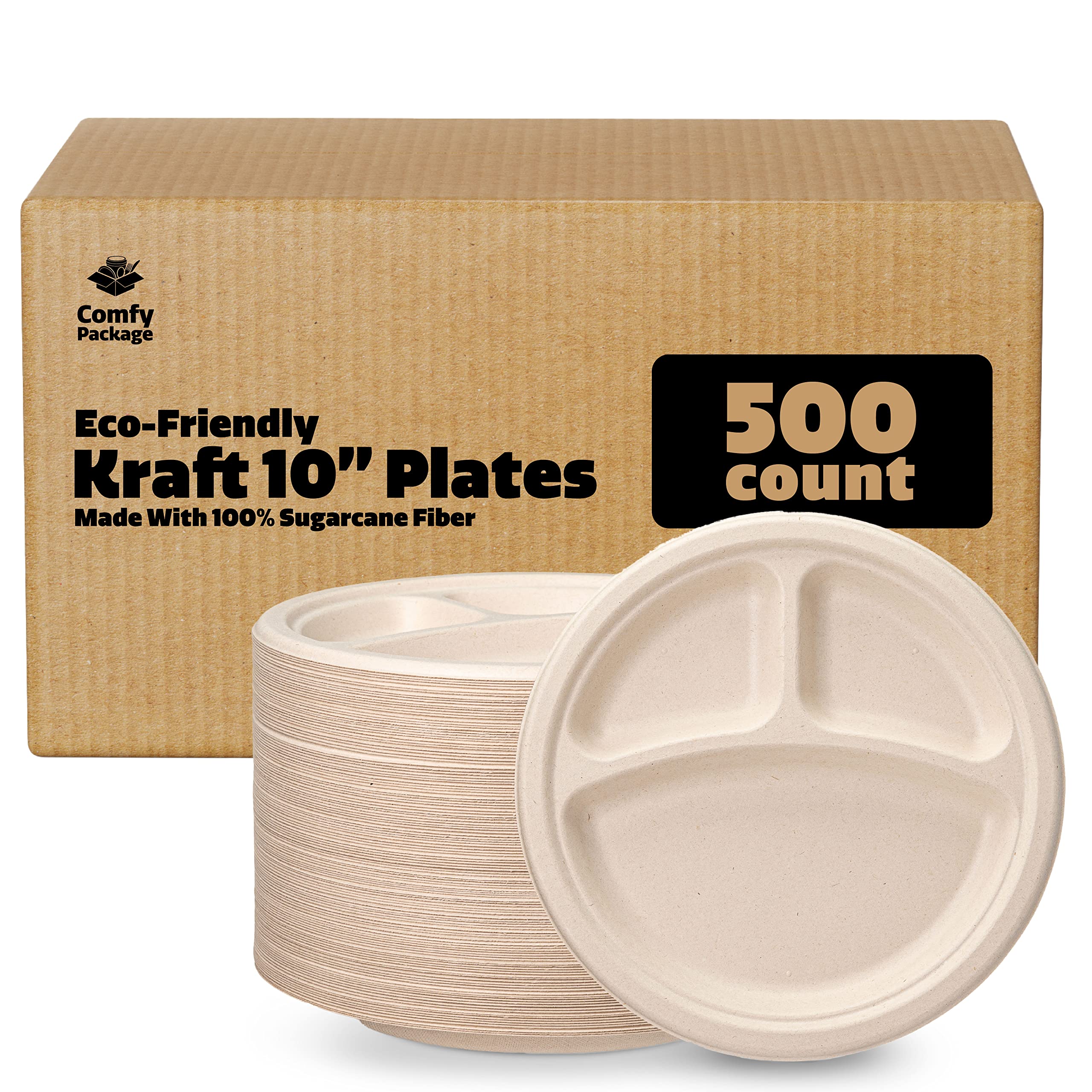 500 Pack 10 Inch Heavy-Duty Compostable Plates | 3-Compartment Eco-Friendly Disposable Sugarcane Fiber Plates | Brown Unbleached | Perfect for Parties, Picnics & Catering Events