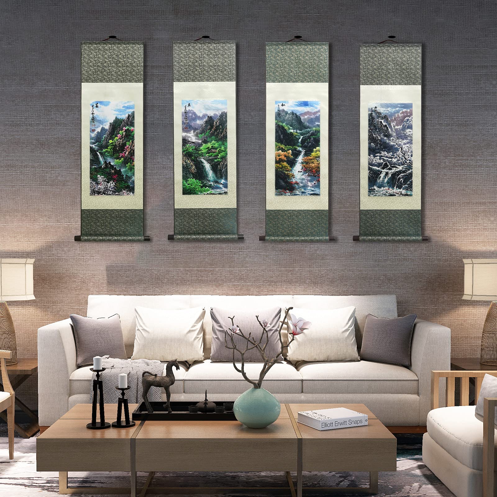 ATFArt Chinese Four Seasons Landscape Silk Scroll Painting - Winter Scene Oriental Wall Art Hanging Decor 36.2x12 Inch | Perfect for Living Room, Bedroom & Office Decoration