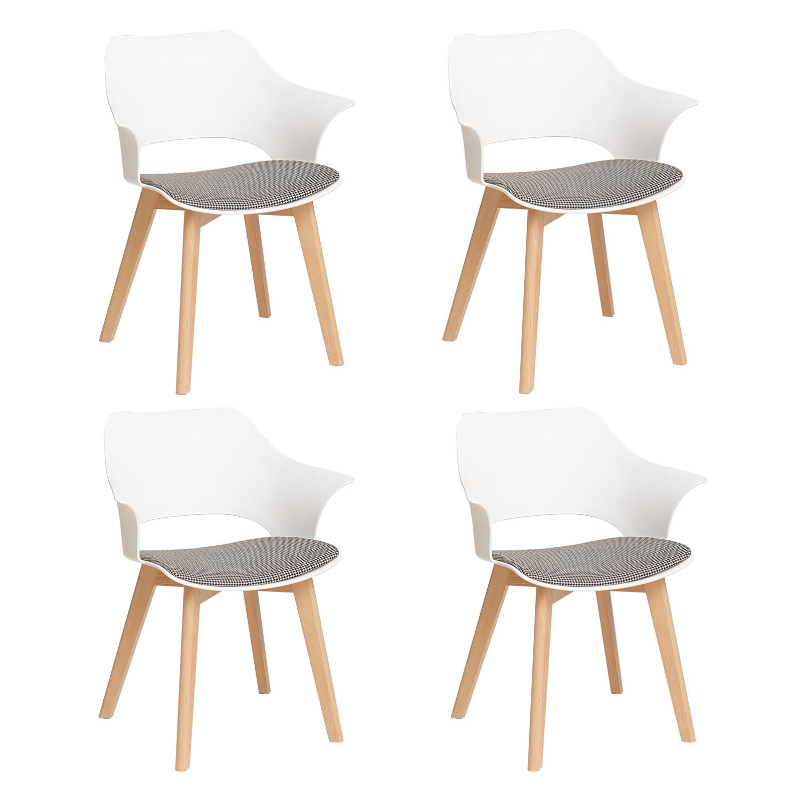 Modern Nordic Style Dining Chairs Set of 4 - White Linen Plaid Upholstered Kitchen Chairs with Armrests & Beech Wood Legs for Home, Restaurant, and Cafe Decor