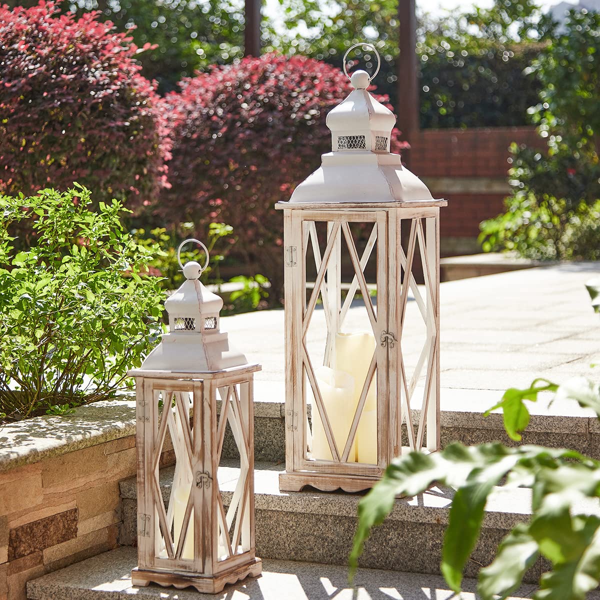 Glitzhome Farmhouse White Wood and Metal Hanging Candle Lanterns - Set of 2 Rustic Home Decor for Indoor/Outdoor, Patio, Garden, Wedding & Holiday Decorations