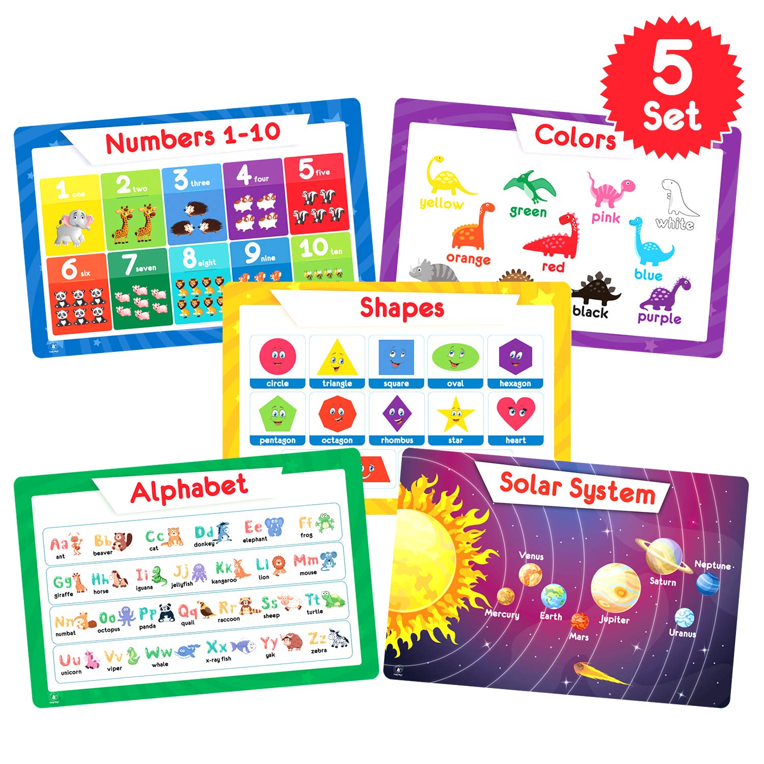 10 Pack Kids Placemats - 2 Sets of 5 Non-Slip, Washable & Reusable Placemats for Toddlers & Children | Perfect for Dining Table, High Chair & Mealtime Learning (Fun Educational Designs)